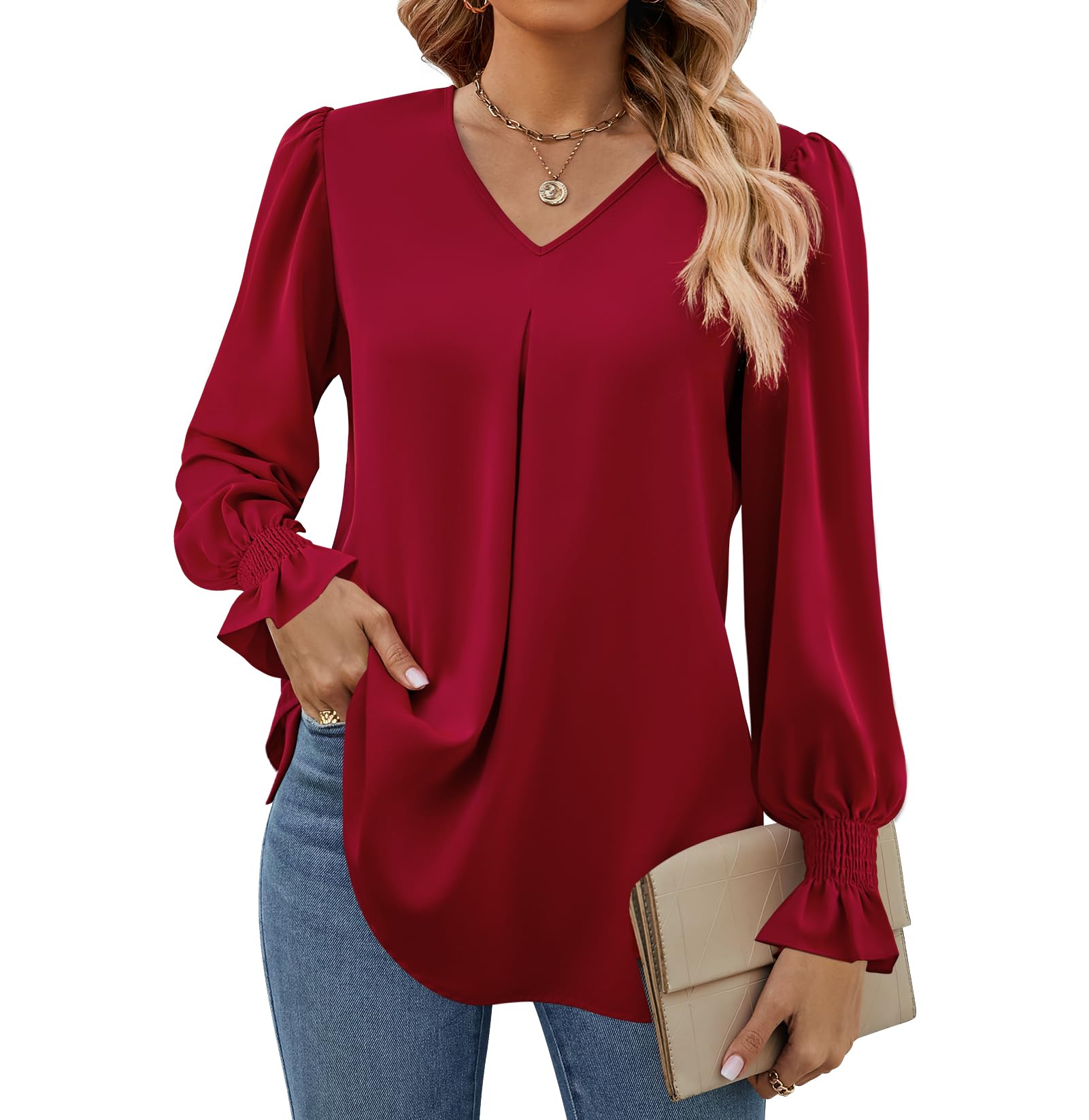 Funlingo Women's 2025 Long Sleeve Tops Dressy Casual V Neck Tunic Shirts Loose Chiffon Work Blouse