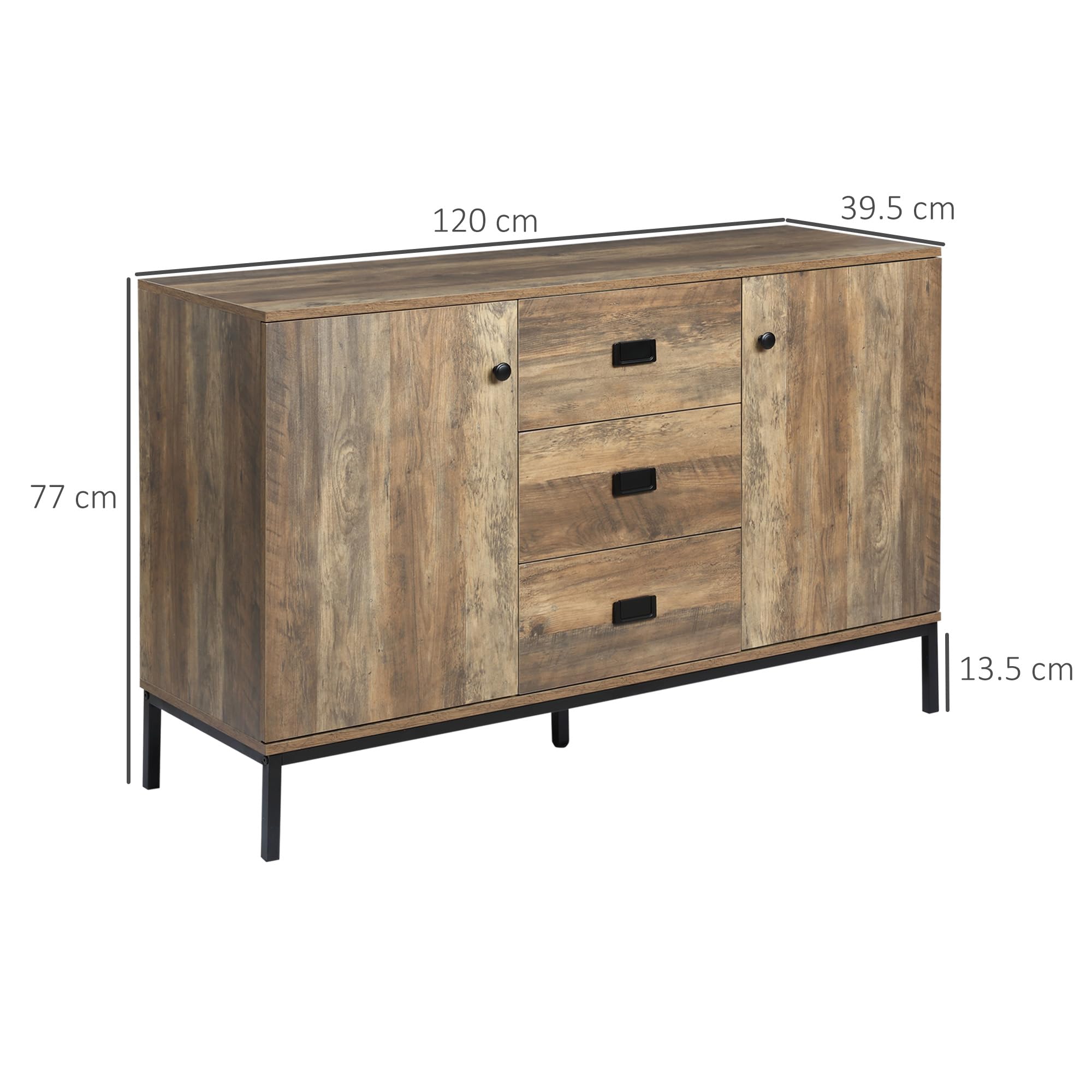 HOMCOM Credenza Moderna in Truciolato e Metallo per Cucina e Soggiorno con 2 Armadietti a 2 Ante con Ripiani Regolabili e 3 Cassetti, 120x39.5x77 cm, Marrone