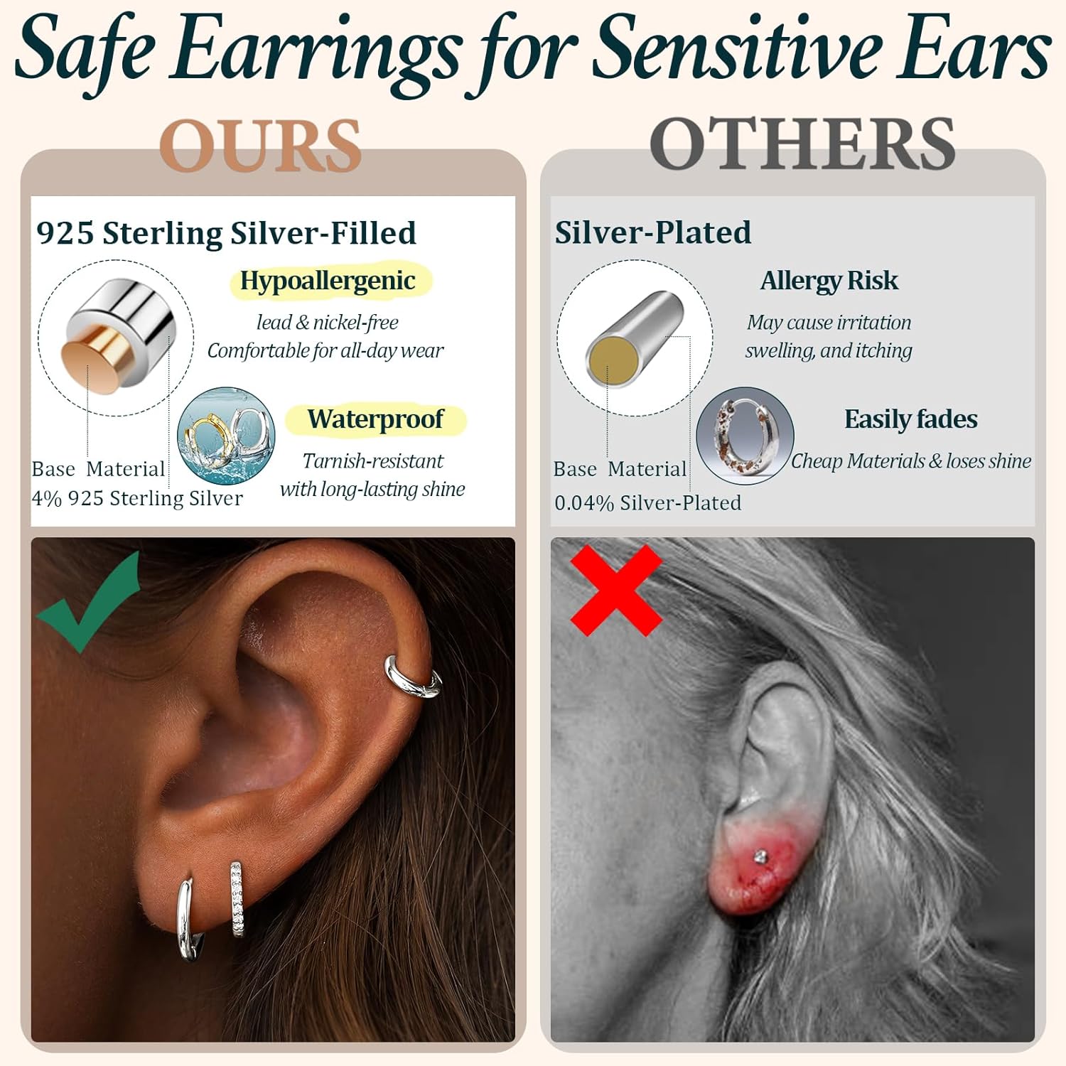 Small Sterling Silver Huggie Hoop Earrings Set for Women, Hypoallergenic 14K Gold Plated Hoops Stacks for Multiple Piercings, Dainty Cute Mini Lightweight Cartilage Studs Trendy Jewelry Gift - Image 3