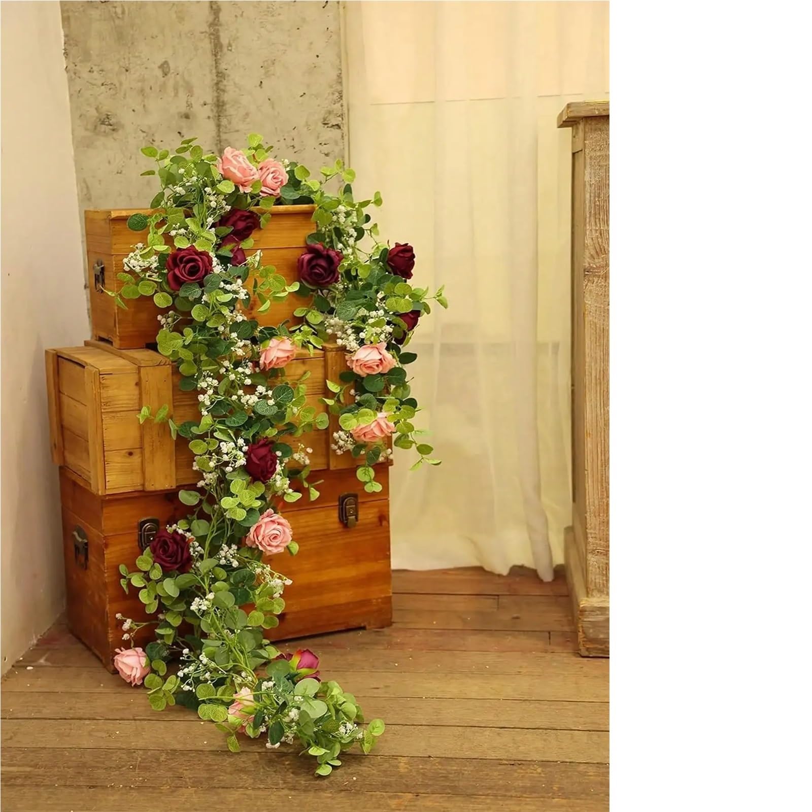 piante finte 1 pz 5.9FT Artificiale Eucalipto Vite Falso Rosa Fiori Gypsophila Ghirlanda for La Cerimonia Nuziale Festa A Casa Mestiere di Arte Runner Decor per decorazione(GRAY)