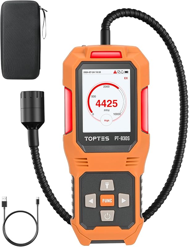 TopTes PT-830S Detector de fugas de gas recargable con sonda flexible de 14,5 pulgadas, rango 0-10000 ppm, pantalla TFT a color y 3 tipos de alarma, detector de fugas de gas natural para propano, metano para el hogar o industrial
