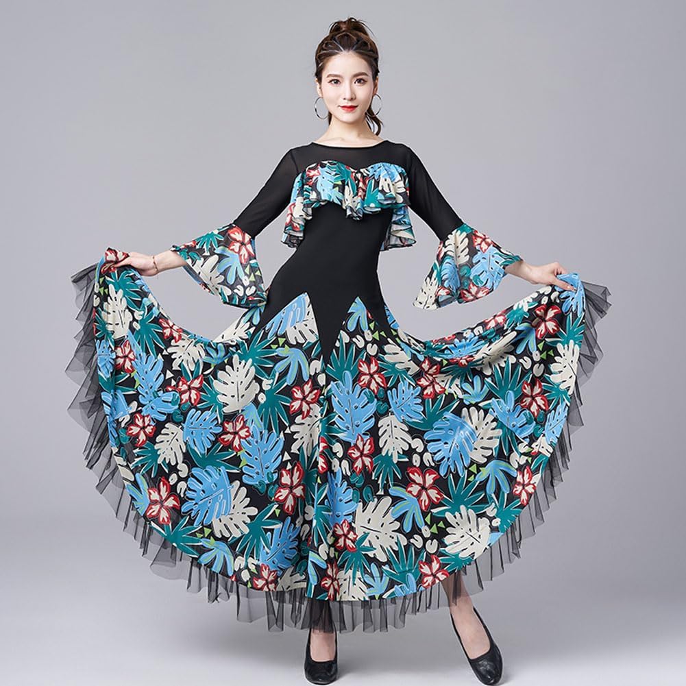 社交ダンス用花柄ドレス・フリル付き M