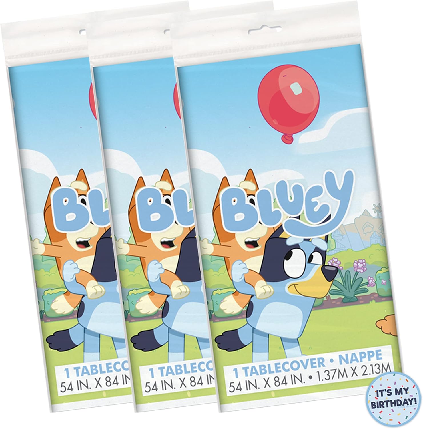 Unique Bluey Birthday Party Supplies - Rectangular Plastic Table Covers (Pack of 3) and Sticker