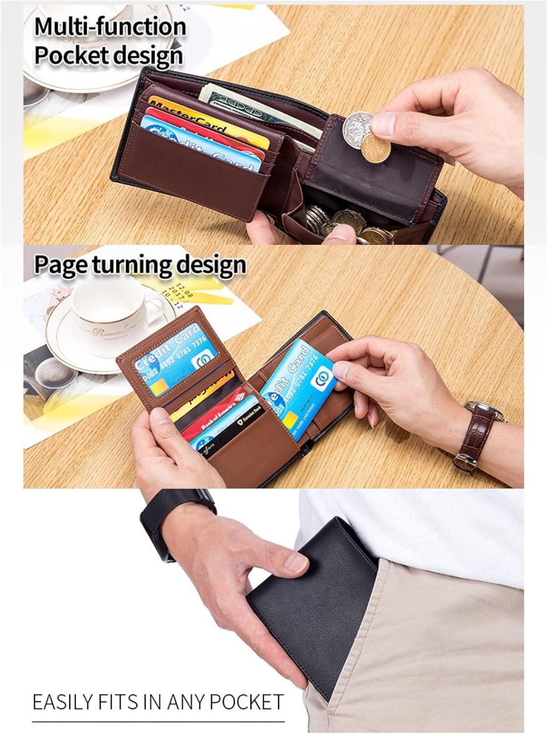 Trifold Wallets for Men RFID Blocking Durable Slim Soft Genuine Leather Retro Credit Card Holder with Coin Purse (Wine red)