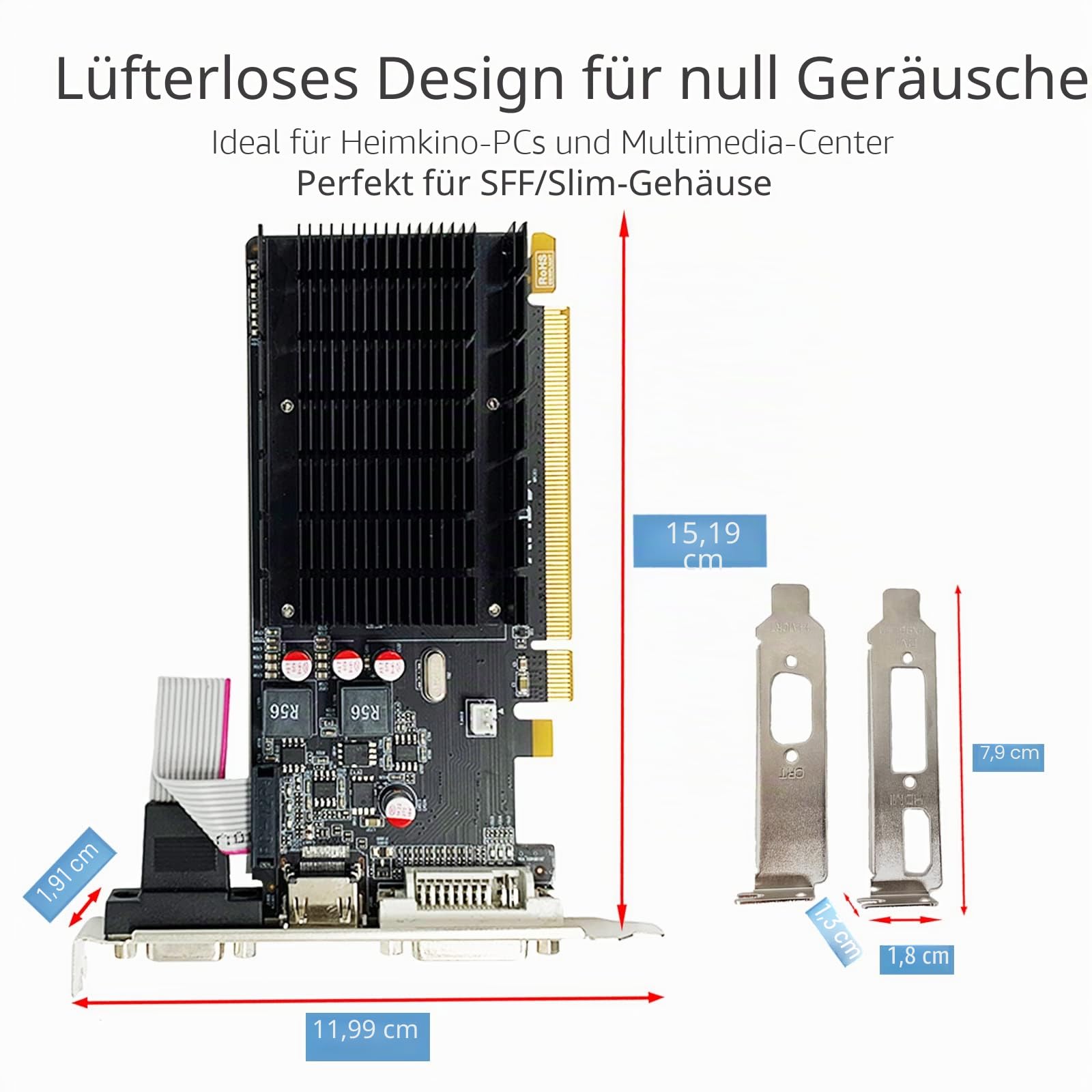 QTHREE Radeon HD 5450 Grafikkarte, 2 GB, GDDR3, 64 Bit, DVI HDMI VGA, Low Profile, PCI Express x16, Grafikkarte für PC, GPU, DirectX 11, unterstützt 2 Monitore