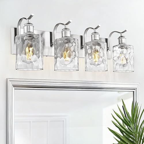 Miniatura 26 de Lámpara de tocador de baño con 4 luces, aplique de pared de níquel cepillado, lámpara de baño moderna con vidrio transparente, VL01BN-4 Níquel