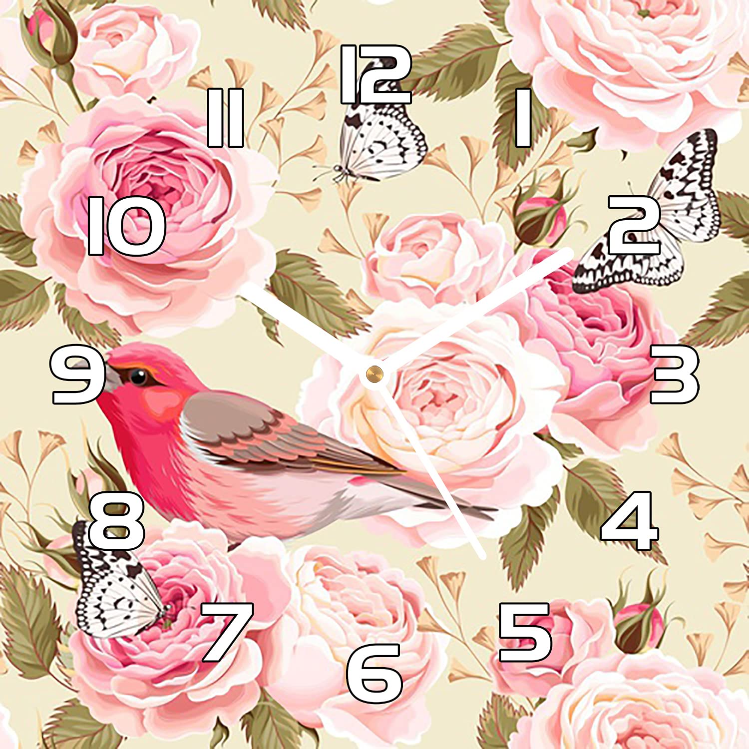 Horloge en verre 30x30 cm oiseaux floraux pour déco salon et cuisine
