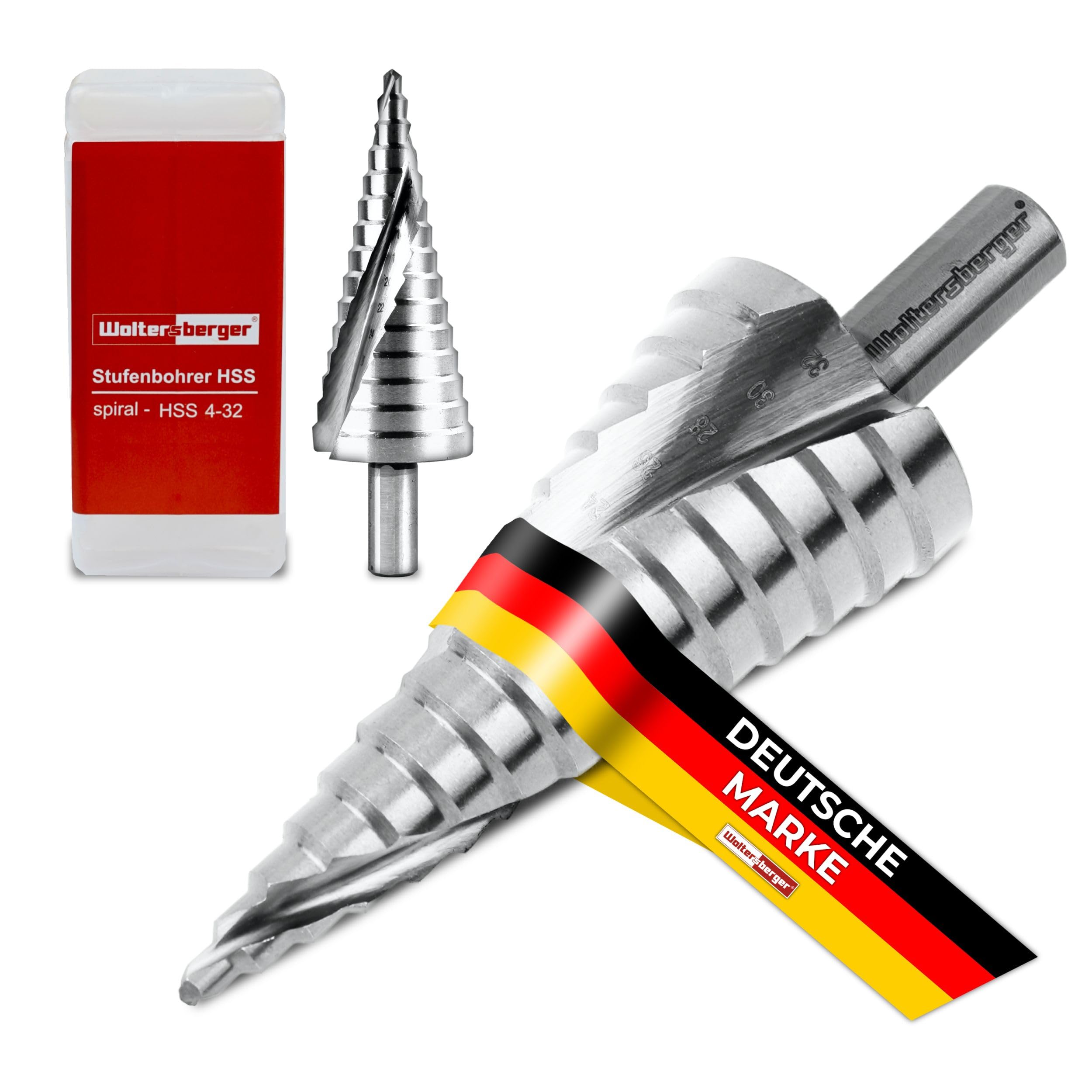 Woltersberger® HSS Stufenbohrer con albero da 10mm | Trapano conico Ø 4-32mm a spirale | HSS Stufenbohrer con 15 livelli adatto per molti portapunta | Ideale per metallo, legno, alluminio, ottone