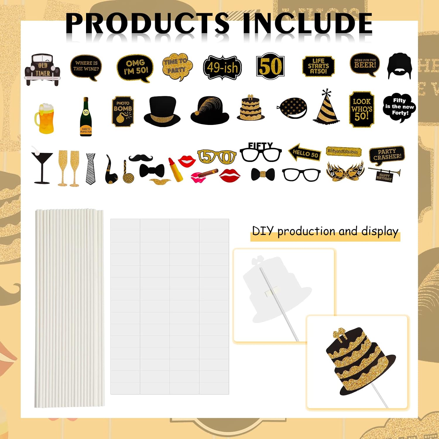 50th Birthday Photo Booth Props - 41 Pcs Black and Gold Funny Birthday Party Decorations for Men & Women, Fifty and Fabulous Anniversary Party Supplies,50th Printed Gold Glitter Selfie Props Kit