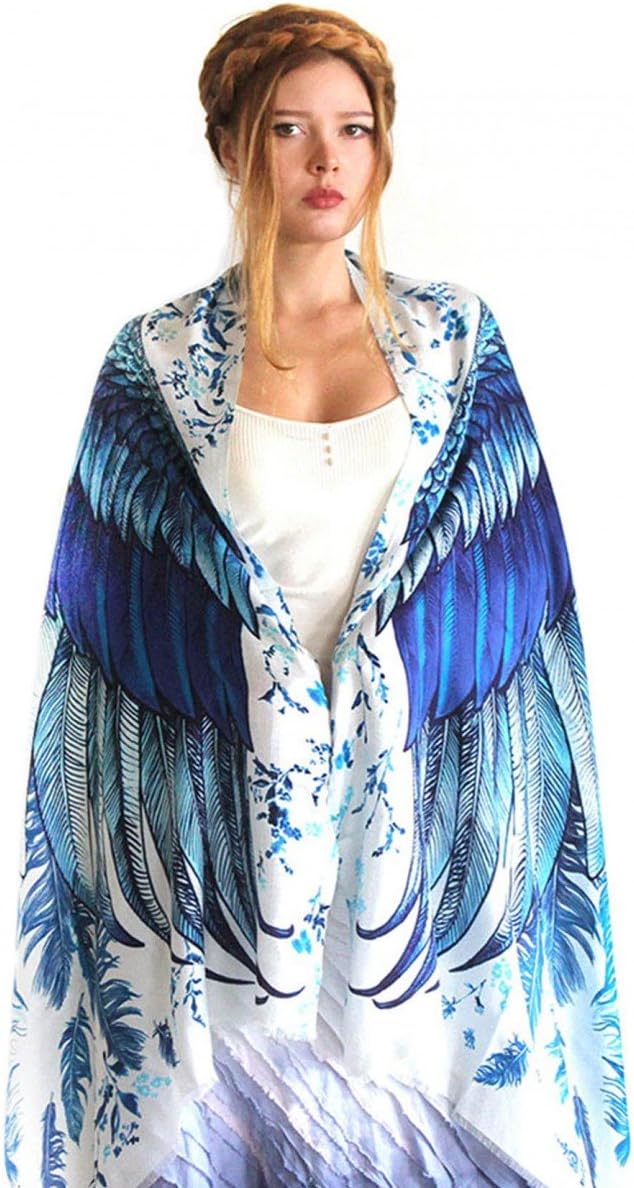 Designer Blue Silk & Cashmere Scarf With Wide Spread Bird Feather Wings (Blue Wings)
