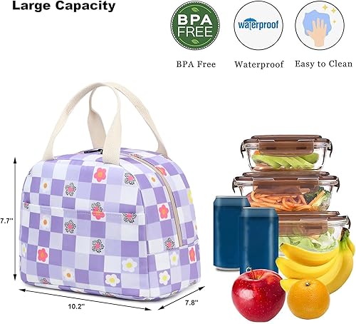 Miniatura 2 de Lonchera térmica a cuadros para mujeres y niñas, lonchera reutilizable para adultos, niños, escuela, trabajo, viajes (morado)