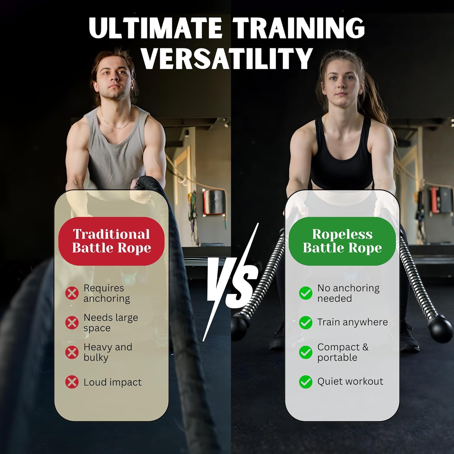 Weighted Ropeless Battle Ropes for Home Gym, Heavy Duty Portable Cordless Battle Ropes | Low Impact HIIT, Strength and Aerobic Training | Workout Exercise Ropes for Men & Women with Wrist Support.