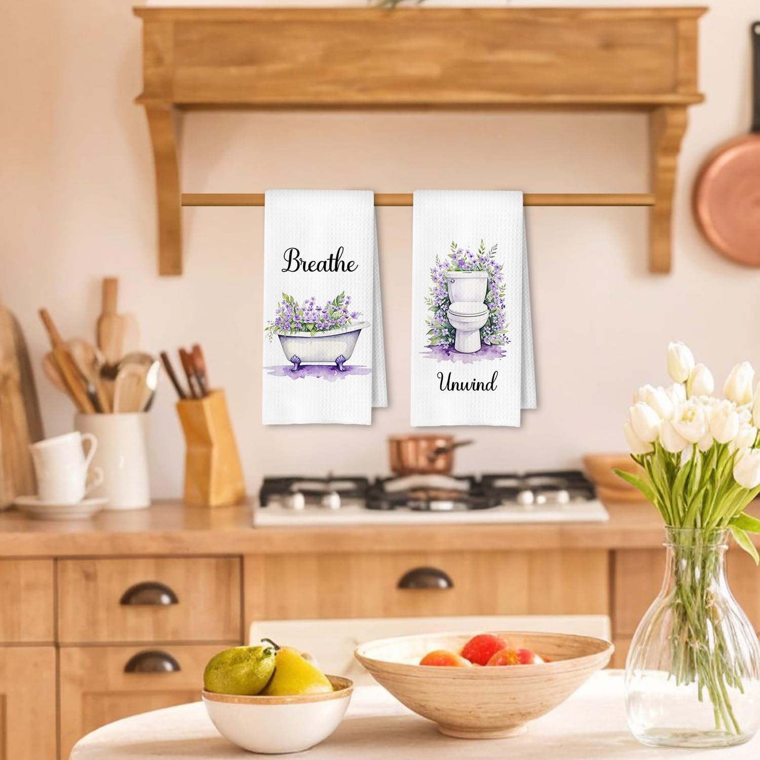 Farmhouse Purple Botanical Bathroom Hand Towels, Relax Breathe Soak Unwind Botanical Decorative Hand Towels for Gym Yoga Spa Decor, 16x24 Inches Set of 4