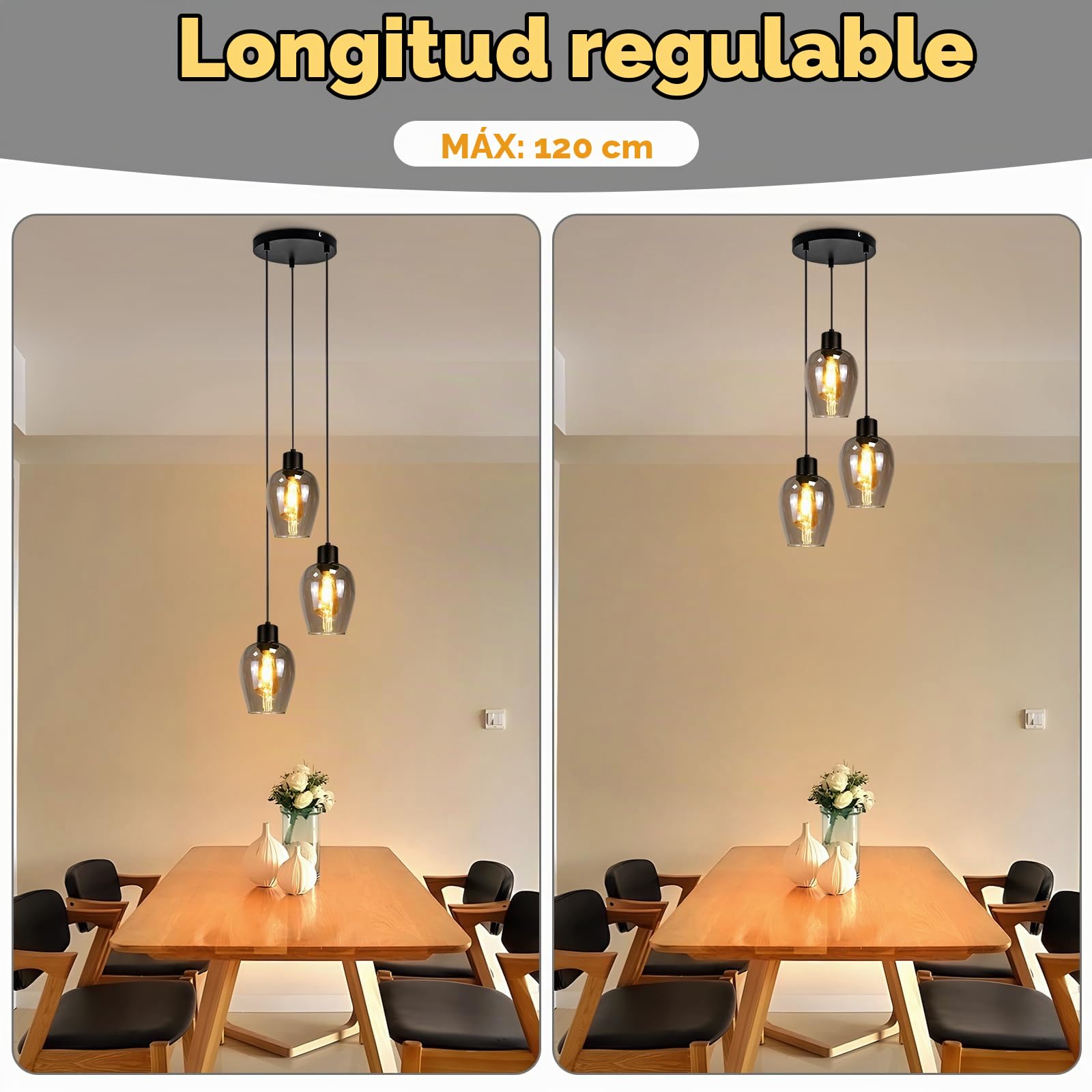 Lámpara Colgante Industrial de 3 luces Lámpara E27 de techo | colgante retro cristal ahumado para comedor dormitorio sala de estar (bombilla no incluida)