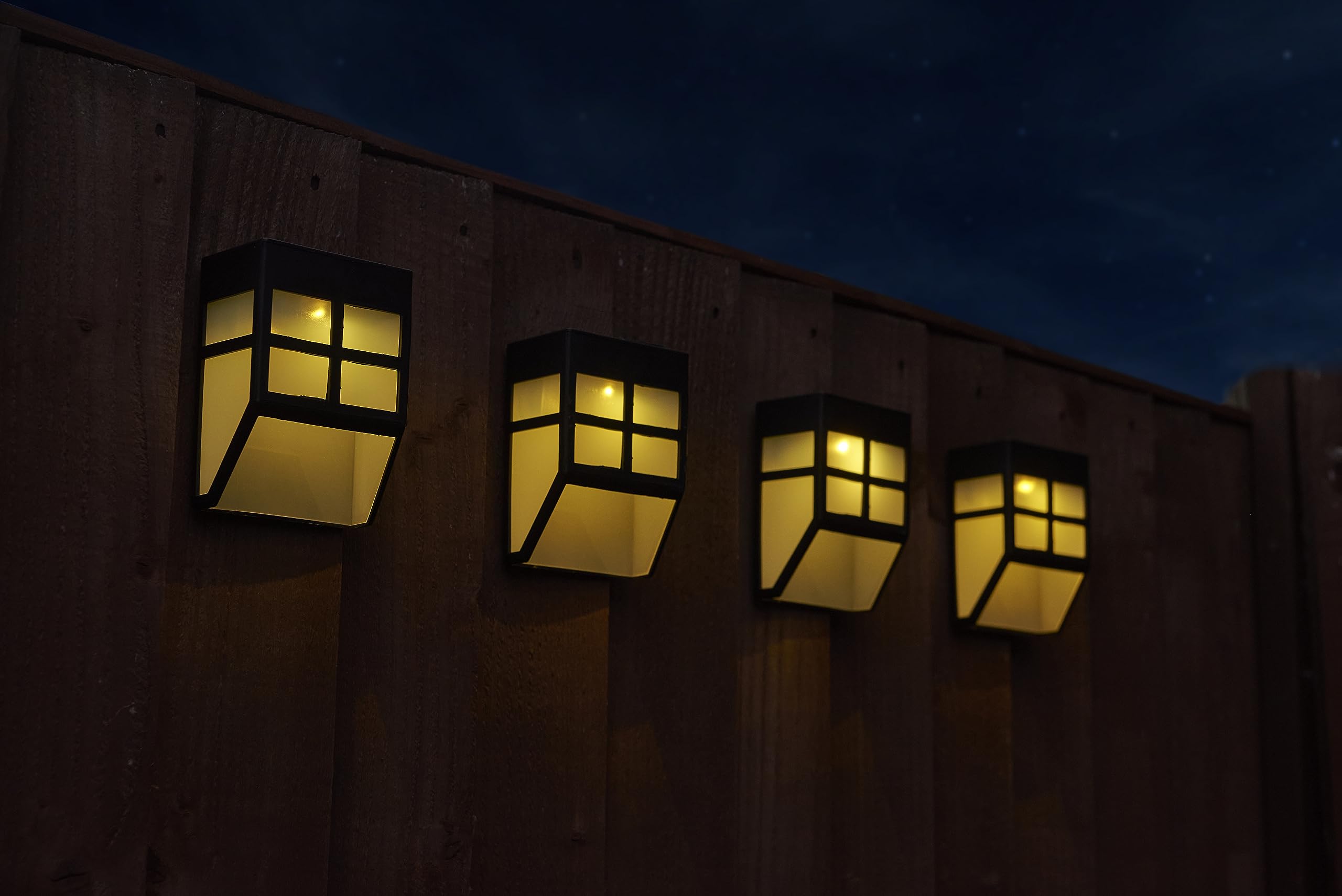 PowerTekPack of 4 Solar Powered LED Fence/Wall Lights, On/Off Switch, ABS Black Plastic, W8.7 x D4.8 x H11.5cm