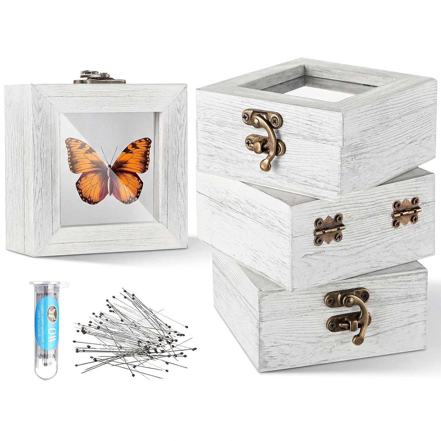 Reallnaive 4 Pcs Insect Pinning Kit 4 inch Wooden Display Case Box, EVA Foam Insect Pinning Board, 100 Bug Pins for Butterfly Specimen Bugs Collection Tools(Carbonized Brown)