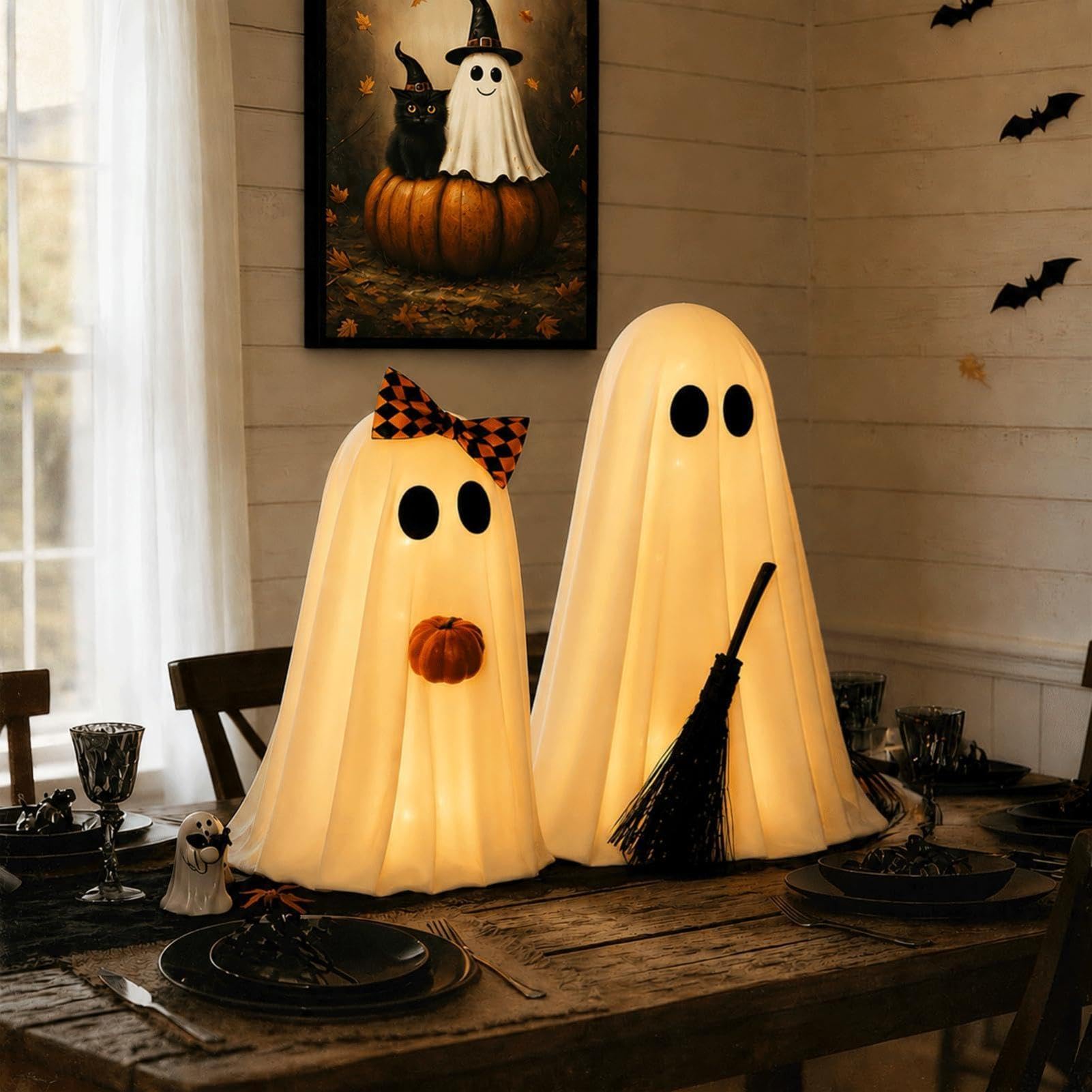Halloweenowy duch Urocze Figurki Duchów Ze Światłem LED | dwuczęściowe straszne ozdoby na biurko na Halloween Do Wnętrz i na Zewnątrz Łazienka Kuchnia Biuro Kominek Ganek