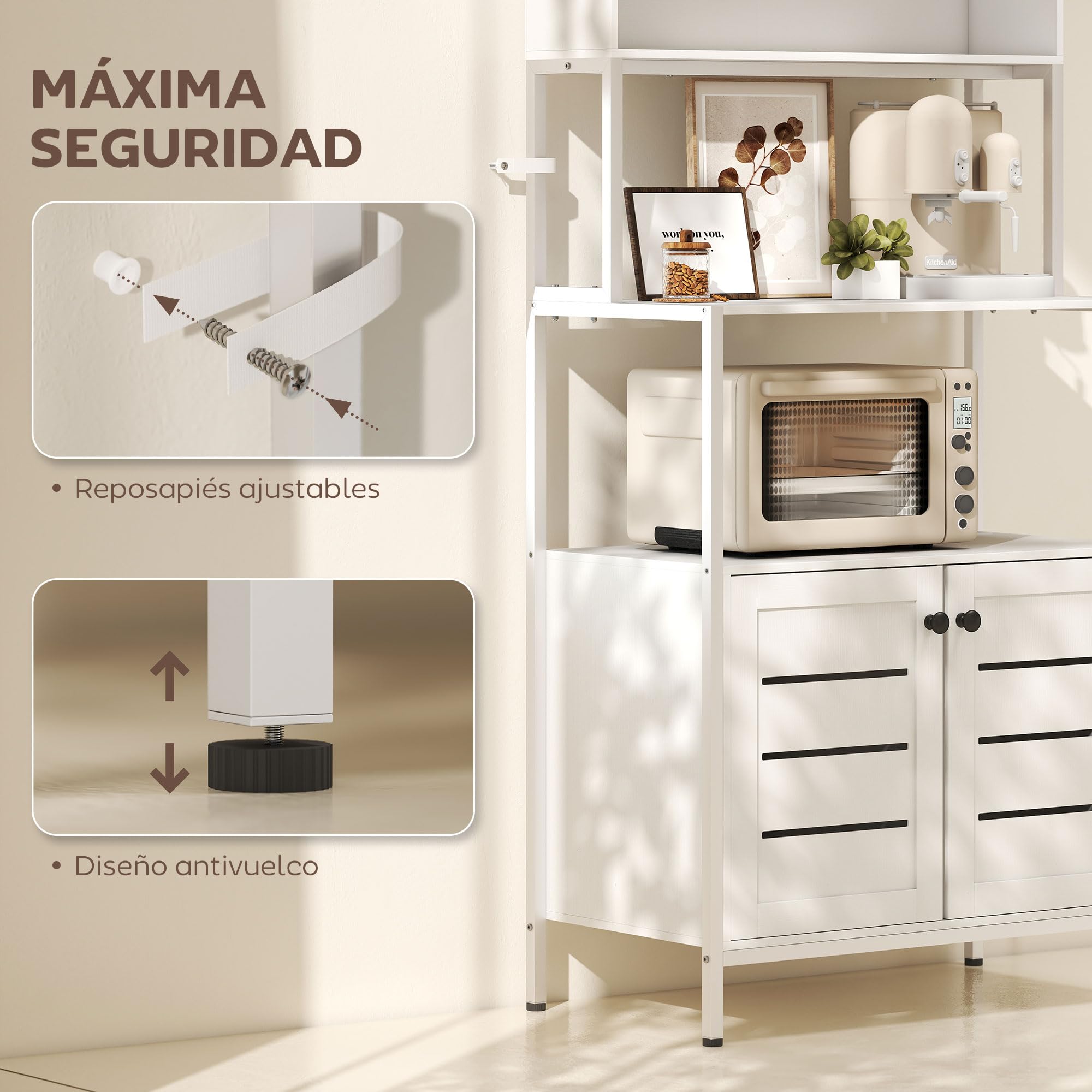 HOMCOM Estantería de Cocina con Toma de Corriente Soporte para Microondas Estante de Cocina con 2 Puertas con Lamas 2 Puertos USB Marco de Acero y Compartimentos para Comedor Salón Blanco