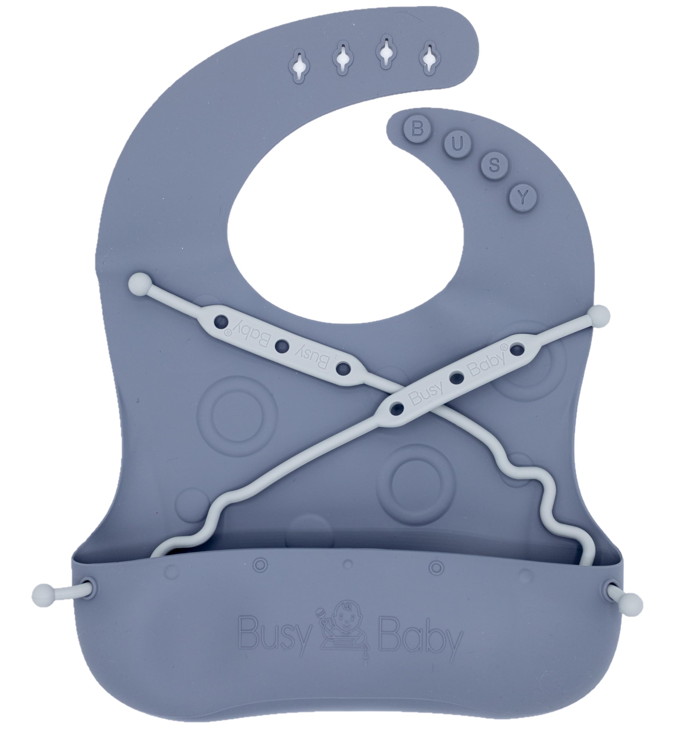 BUSY BABY Bungee Bib – Adjustable Silicone Bib with Pocket & Tether System for Mess-Free Meals with Babies & Toddlers