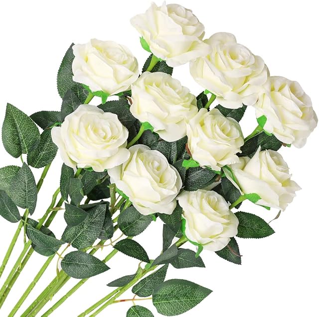 Veryhome 10 Pcs Artificial Roses Silk Flowers Fake Single Stem Blooming Rose Bridal Bouqets For Wedding Home Birthday Party Arrangment Garden Decoration (White)