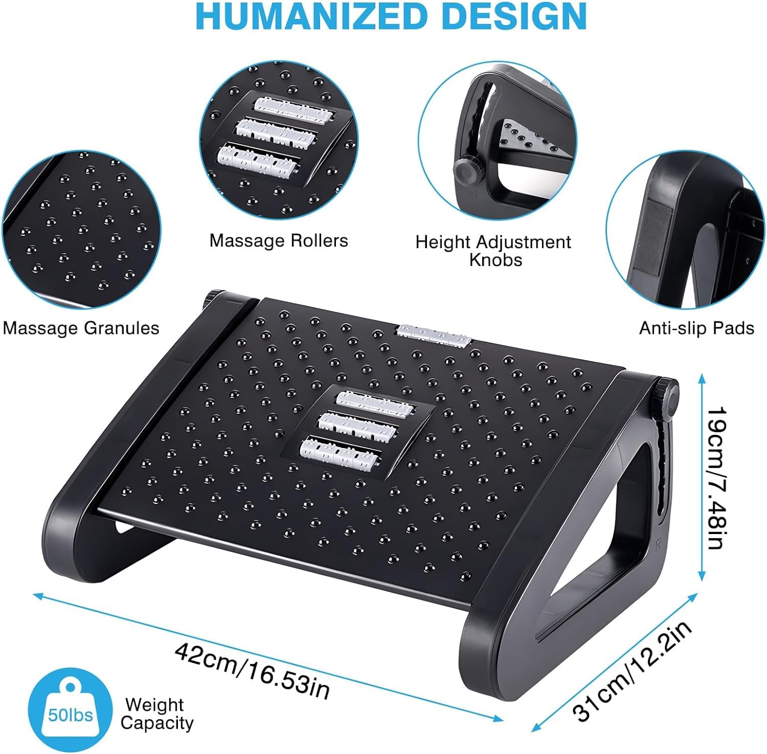 FWQPRA Foot Rest | Six Height Adjustable Foot Rest for Under Desk at Work | Ergonomic Foot Stool for Under Office Desk | Under Desk Footrest with Foot Massage Roller for Leg Rest (Black) 1