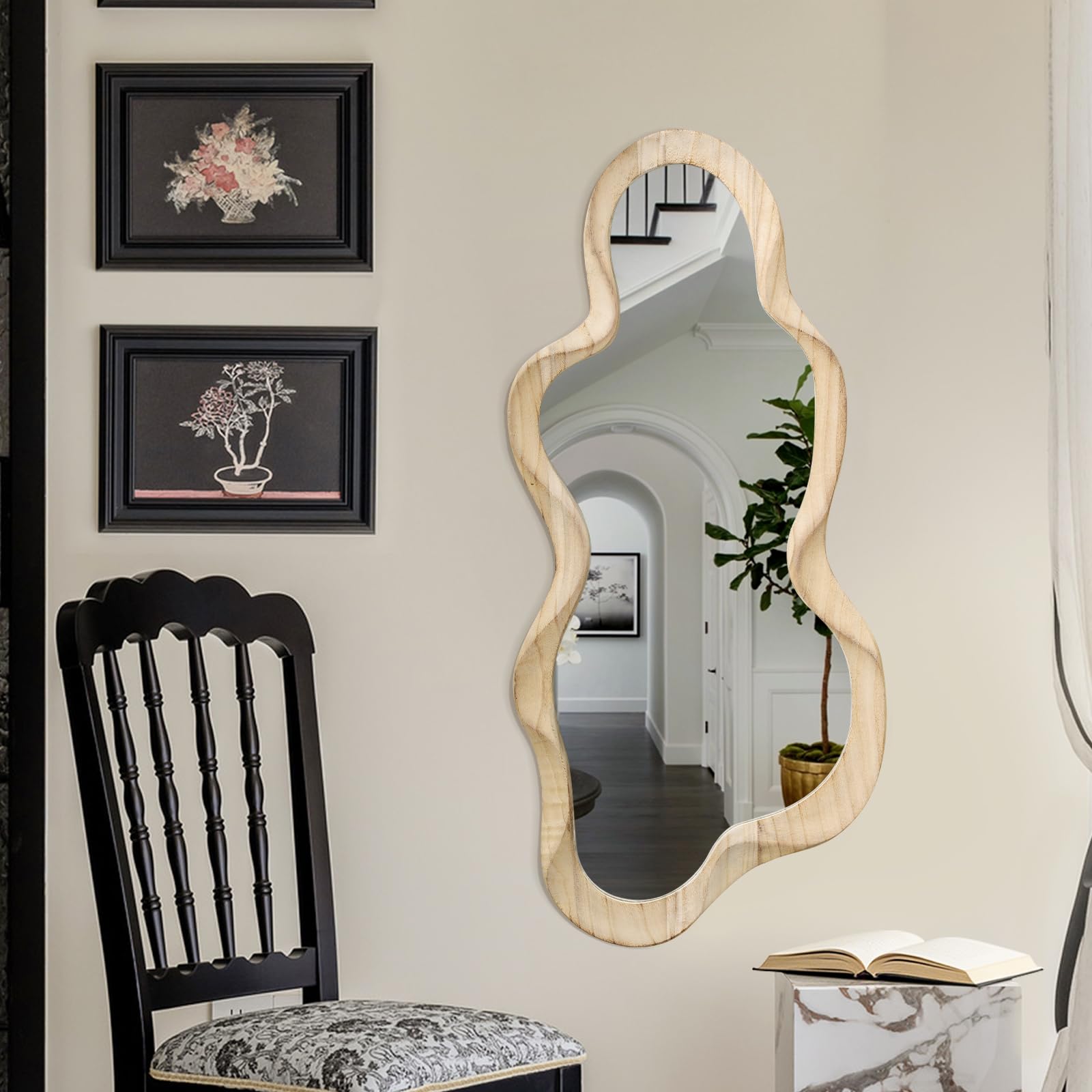 Espejo asimétrico para decoración de pared, gran espejo de pared moderno con marco de madera, forma única, espejo artístico montado en la pared, decorativo para sala de estar, dormitorio, baño