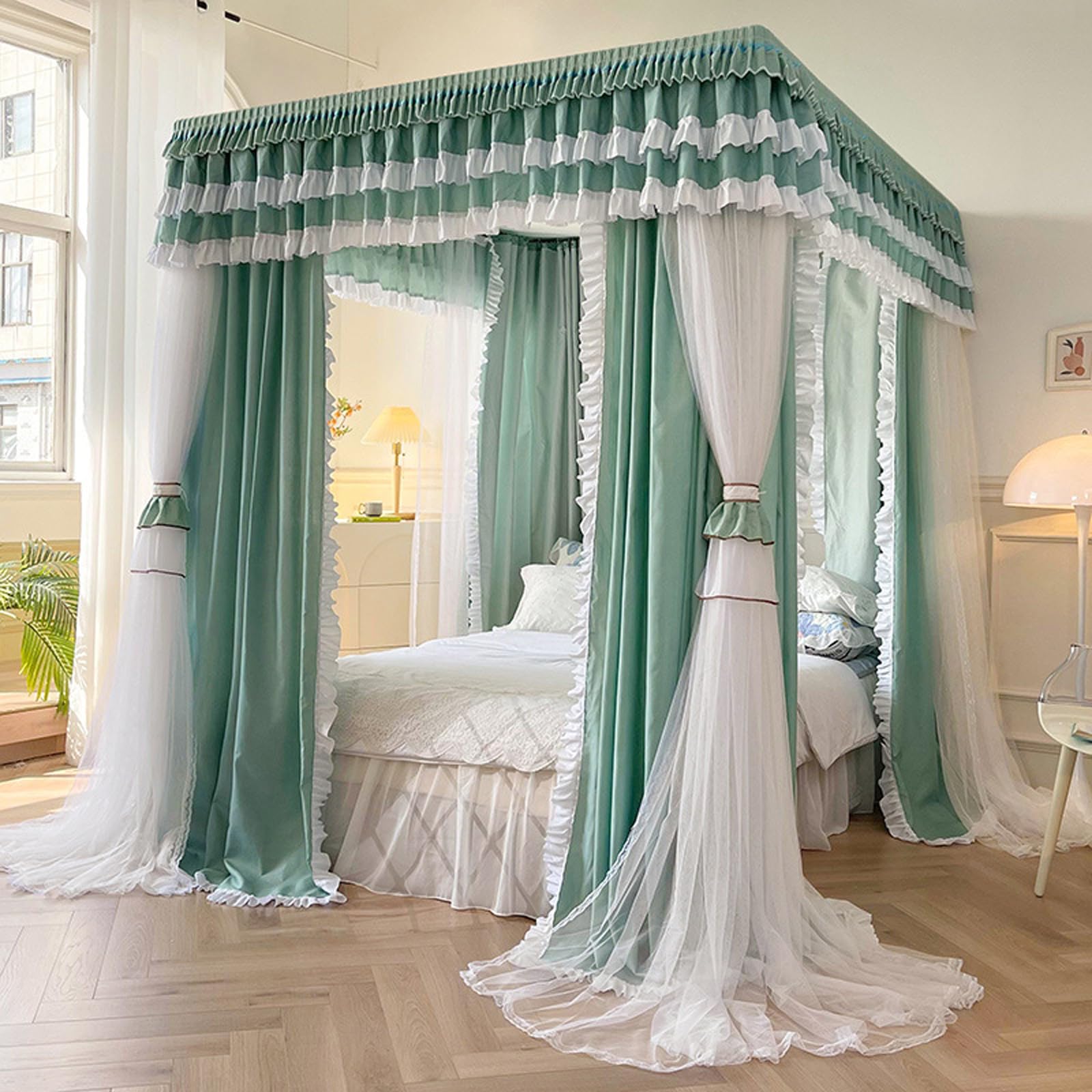 Four Poster Bed Canopy with 3 Doors, Soft Polyester Mosquito Net & Dust Cover for Double Beds, Easy Access Privacy Drapes for Bedroom Decor, Kids Girls Adults, Stylowy ekran z przekąską w pokoju