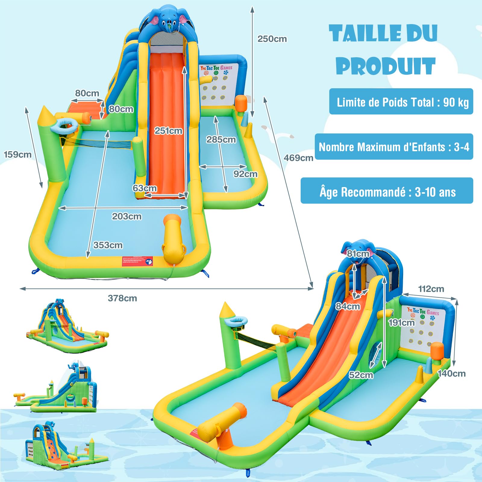 GOPLUS Château Gonflable Enfants Géant,Piscine,Mur d'escalade, Canons à Eau Basket-Ball Volley-Ball, pour Intérieur Extérieur Charge 45+45KG pour Enfants 3-10 Ans (Elephant, sans Souffleur)