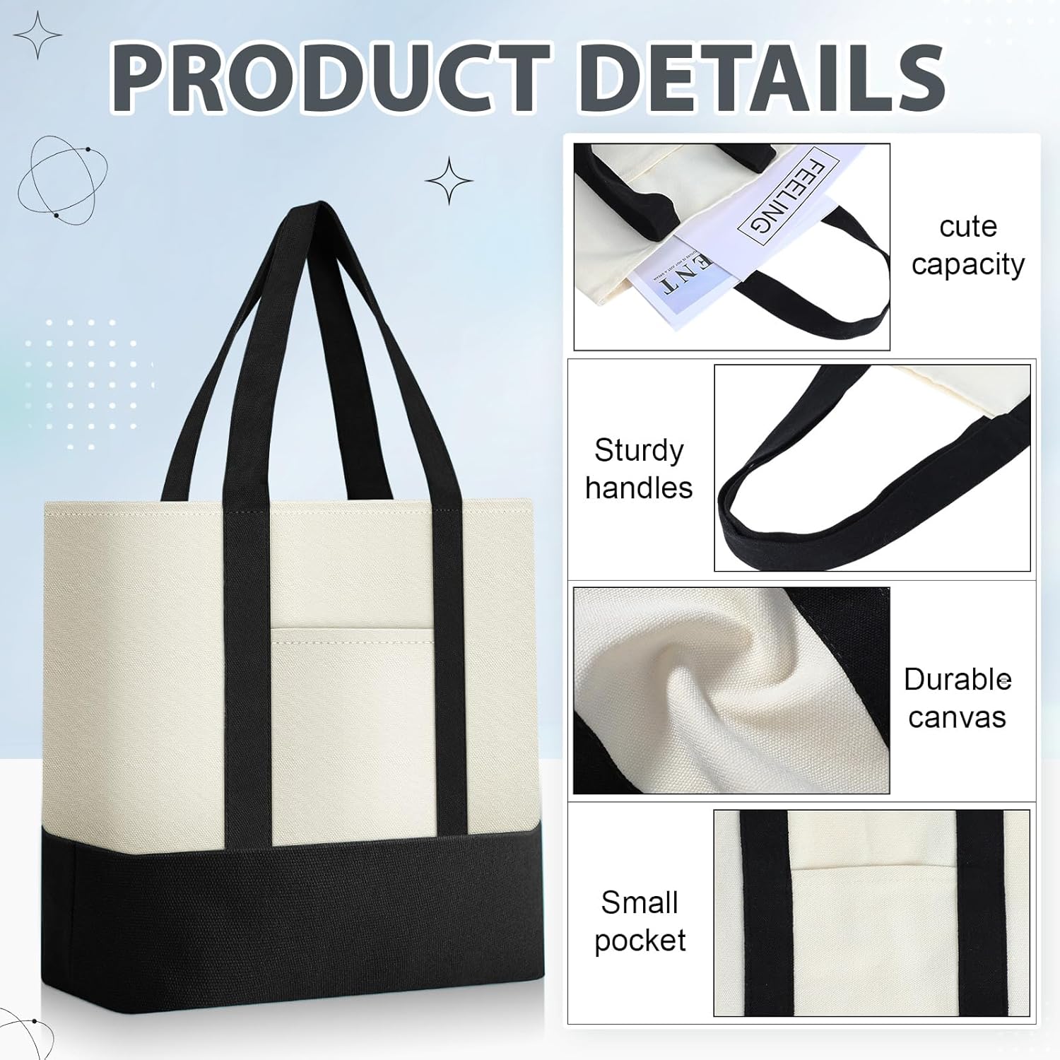 Sanwuta 6 Pcs Canvas Tote Bags Bulk with Outer Pocket Small Sublimation Blank Canvas Tote Reusable Grocery Bag for Women, DIY Craft (Black)