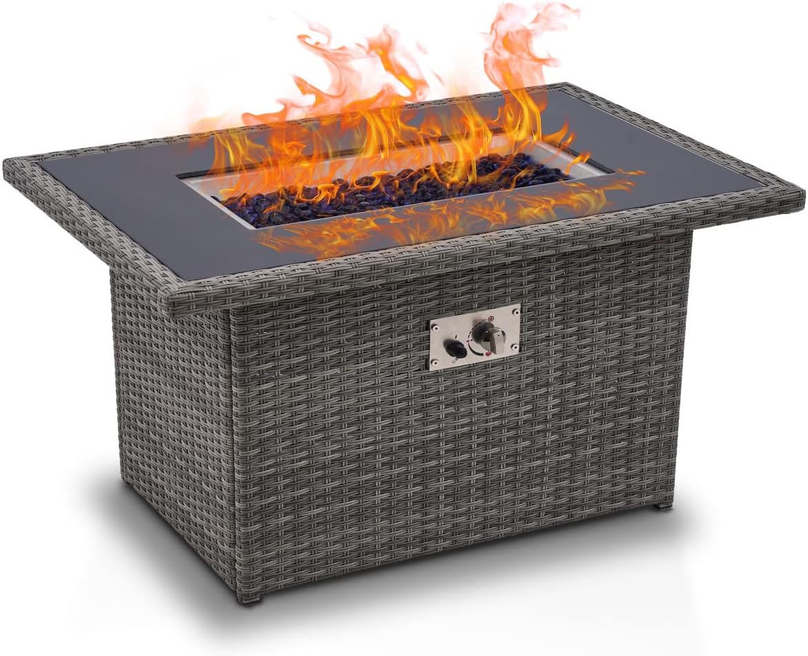 40 Inch PE Rattan Outdoor Gas Fire Table, 50,000 BTU Propane Fire Pit Table, 2-in-1, Blue Stone Wind Guard Rain Cover Included, Gray, Rectangle