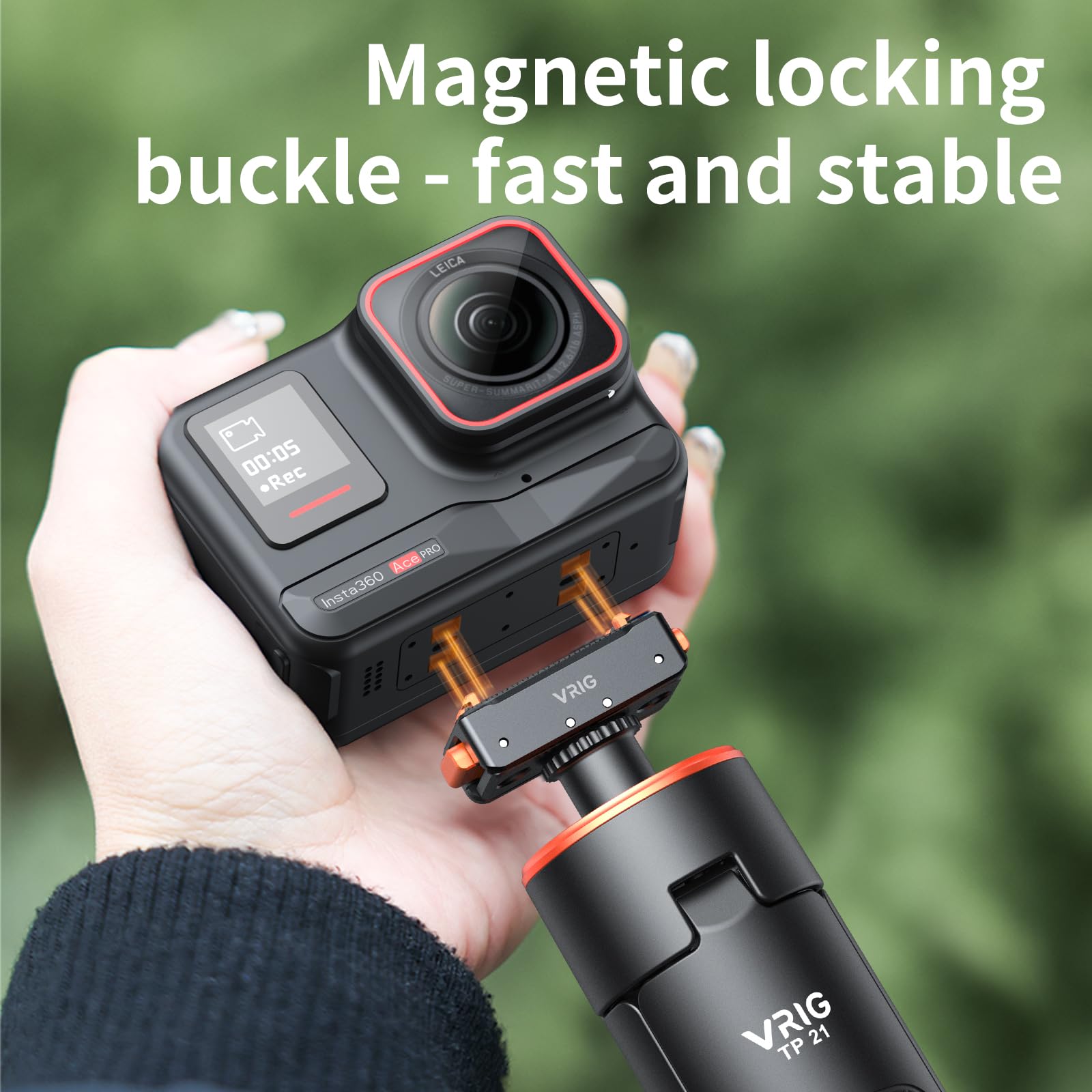 VRIG AC-10 - Base magnetica per Insta 360 Ace/Ace Pro 2/X5, adattatore magnetico a sgancio rapido, supporto per treppiede in metallo, con filo da 1/4" e supporto pieghevole