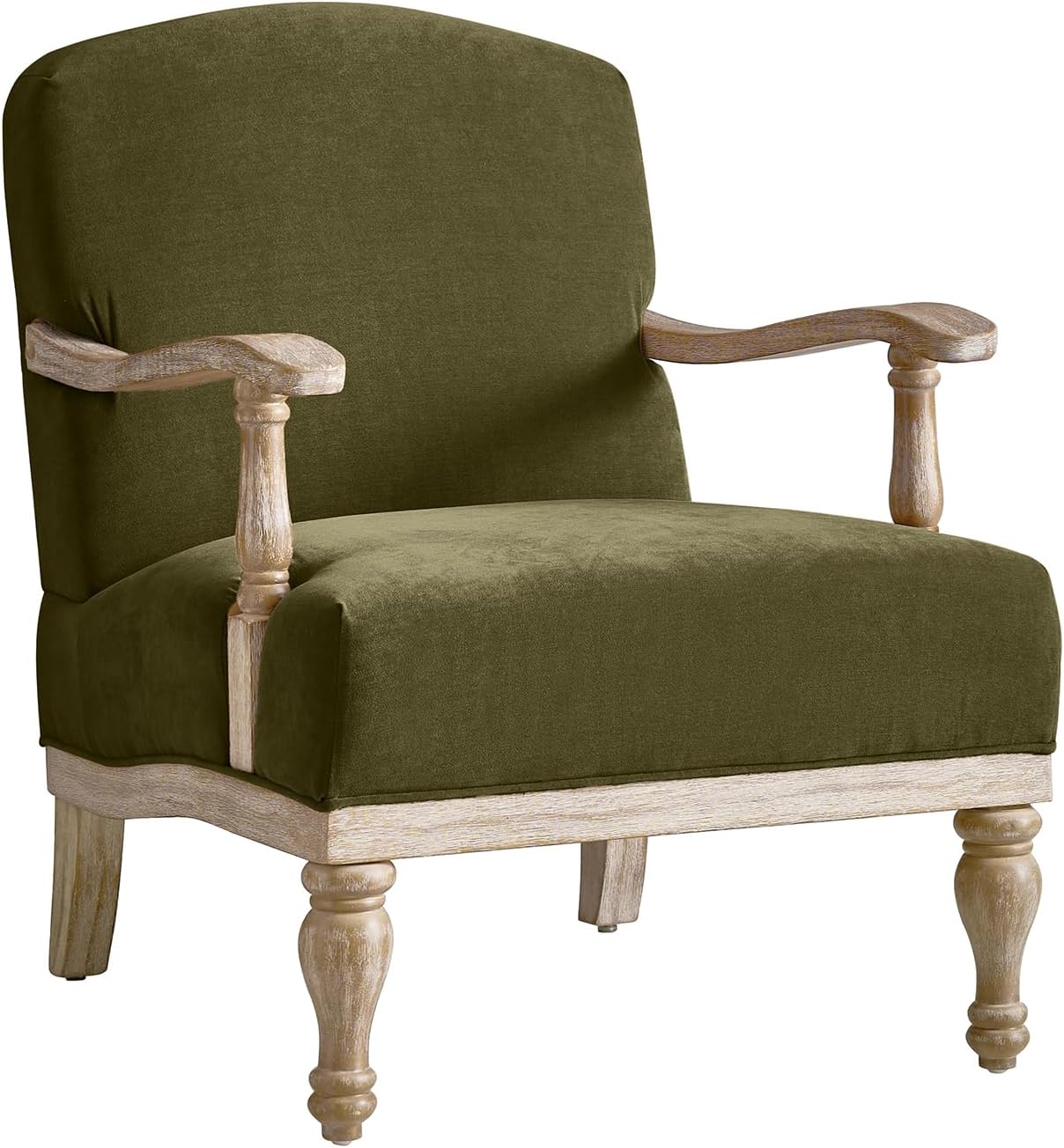 HULALA HOME Farmhouse Accent Chair with Solid Wood Spindle Legs and Arms, Upholstered Fabric Armchair for Living Room, Bedroom, Moss