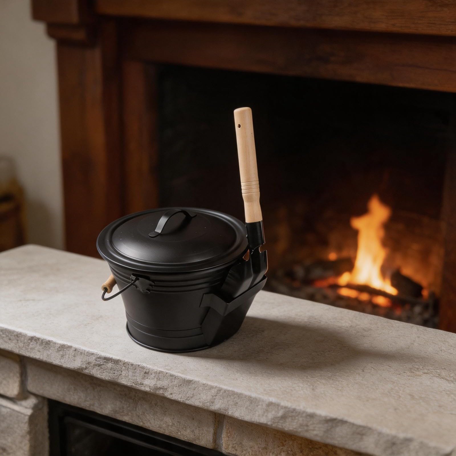 Secchio per cenere in ferro zincato con manico in legno, cestino rotondo ignifugo per carbone con coperchio e strumenti per casa, giardino, cucina all'aperto, nero