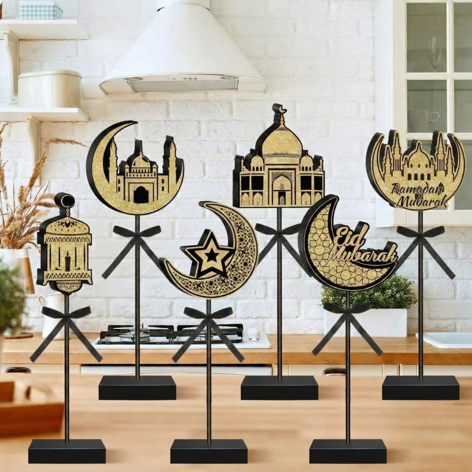 Briwooody 6 Pcs Ramadan Decorations Eid Mubarak Wooden Sign Set Moon Star Shape Tall Standing Islamic Ramadan Table Centerpiece Tabletop Decor Farmhouse Wood Block for Muslim Party Home Decorations