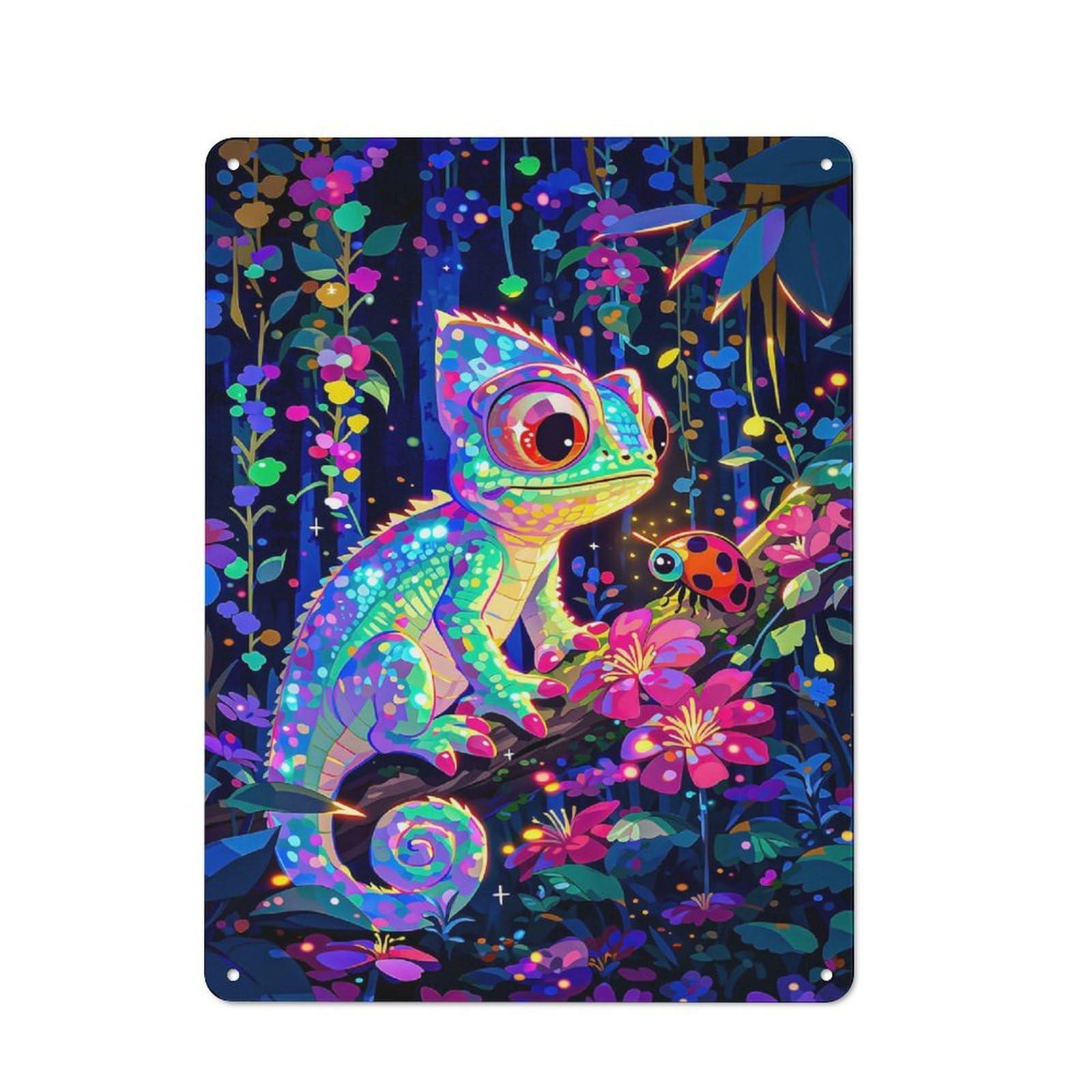 Junmoney Style-22 Workshop Style Chameleon And Ladybug In A Magical Forest Tin Sign 40X30cm, Industrial Wall Art For Garage, Hobby Room, Office Or Man Cave