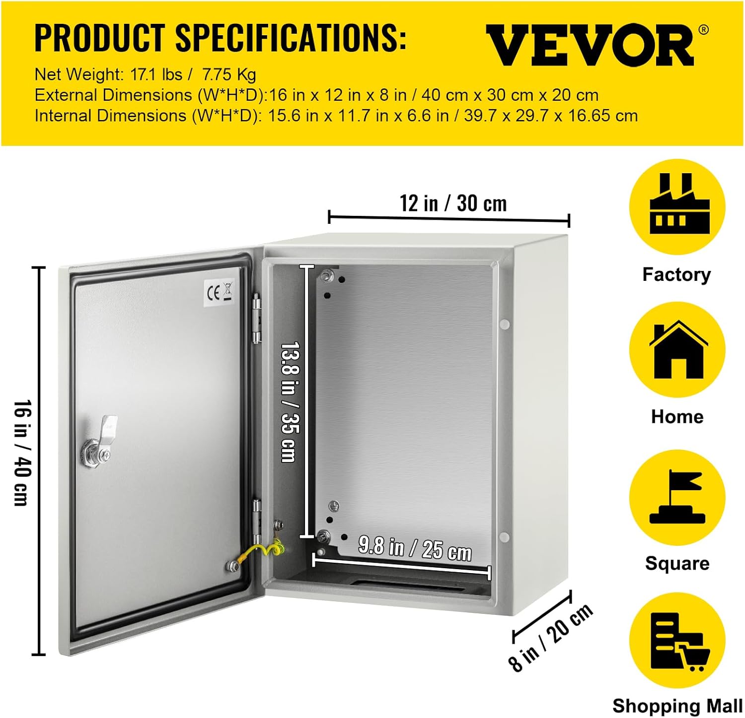 VEVOR NEMA Steel Enclosure, 16 x 12 x 8'' NEMA 4X Steel Electrical Box, IP66 Waterproof & Dustproof, Outdoor/Indoor Electrical Junction Box, with Mounting Plate
