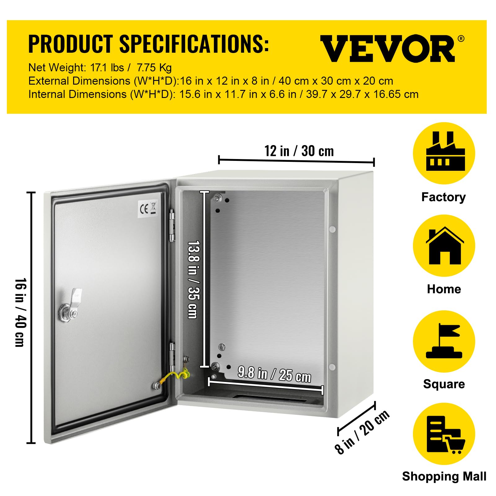 VEVOR Schaltschrank NEMA-Industriegehäuse, 40 x 30 x 20 cm NEMA 4X-Stahl-Schaltkasten, IP66 wasser- und staubdicht, elektrischer Anschlusskasten für den Außen-/Innenbereich, mit Montageplatte