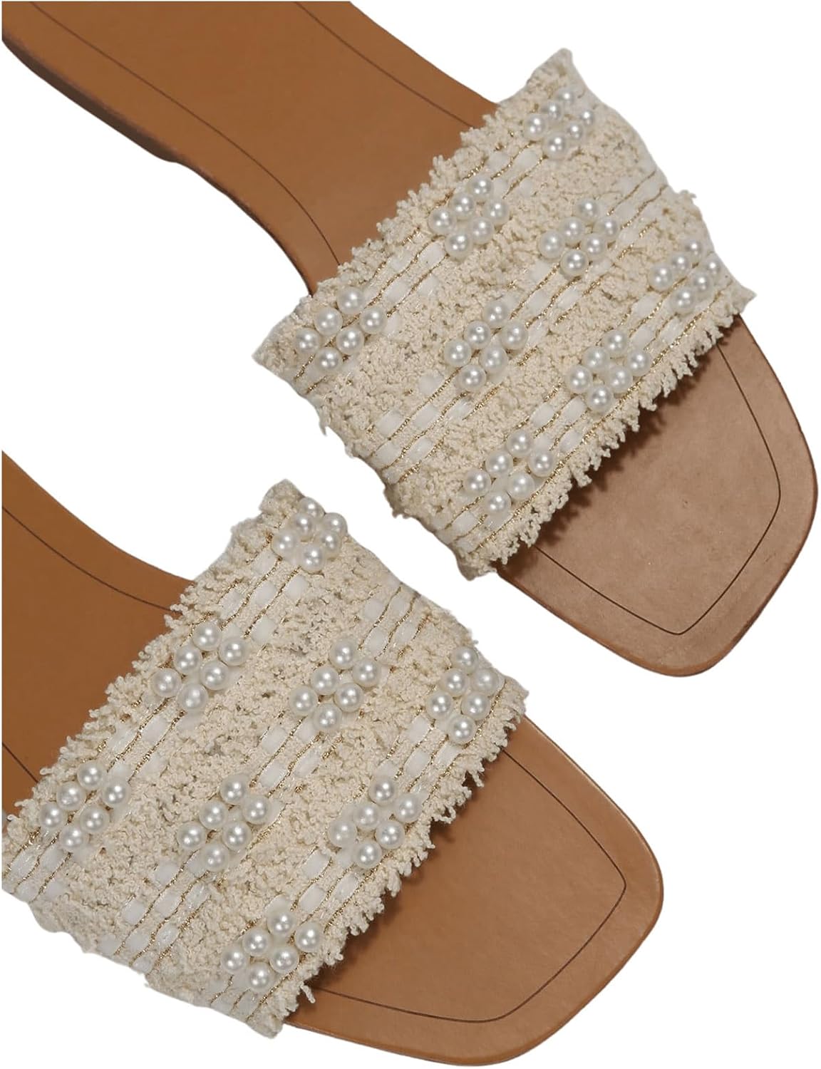 GORGLITTER Women's Summer Beach Flat Cute Sandals 2025 Color Block Faux Pearls Decor Leather Flat Slides - Image 4