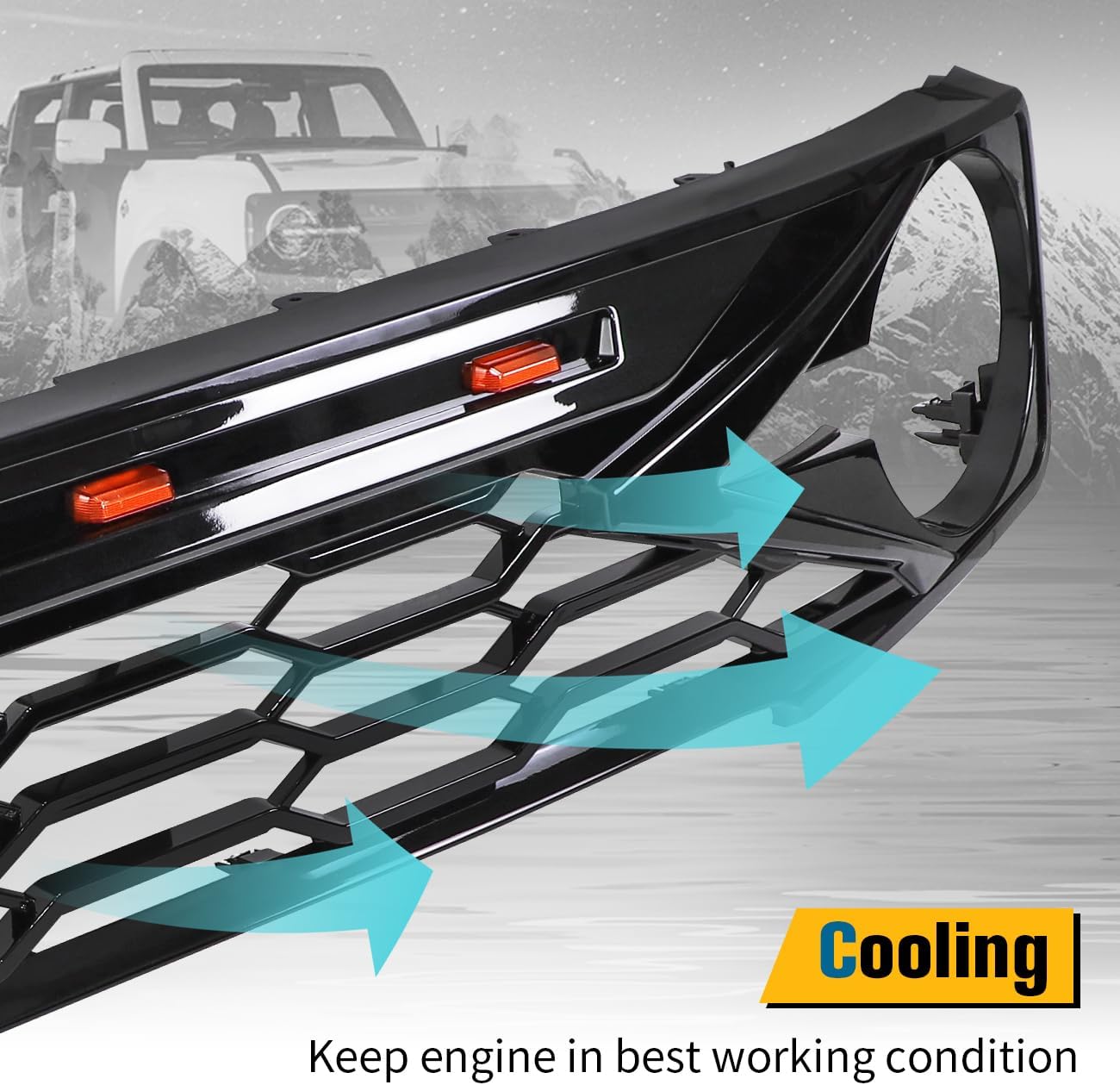 Glossy Black Front Grille Grill Kits With Amber LED Grill Lights Compatible With For Ford Bronco 2021 2022 2023 2024 2025 2 Door 4 Door Front Bumper Grille Accessories