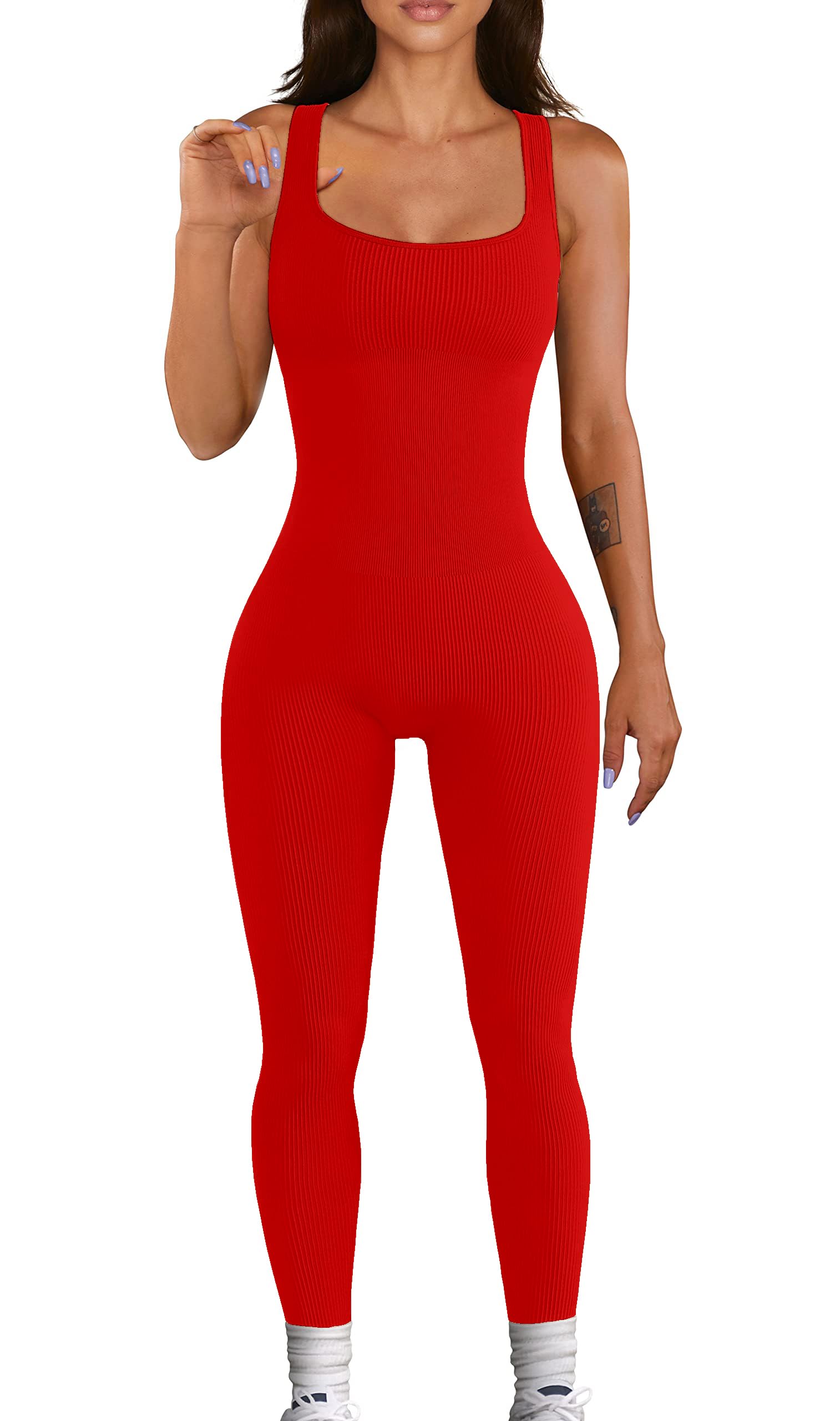 YIOIOIO Womens Workout Ribbed Jumpsuit Yoga Square Neck Leggings Romper
