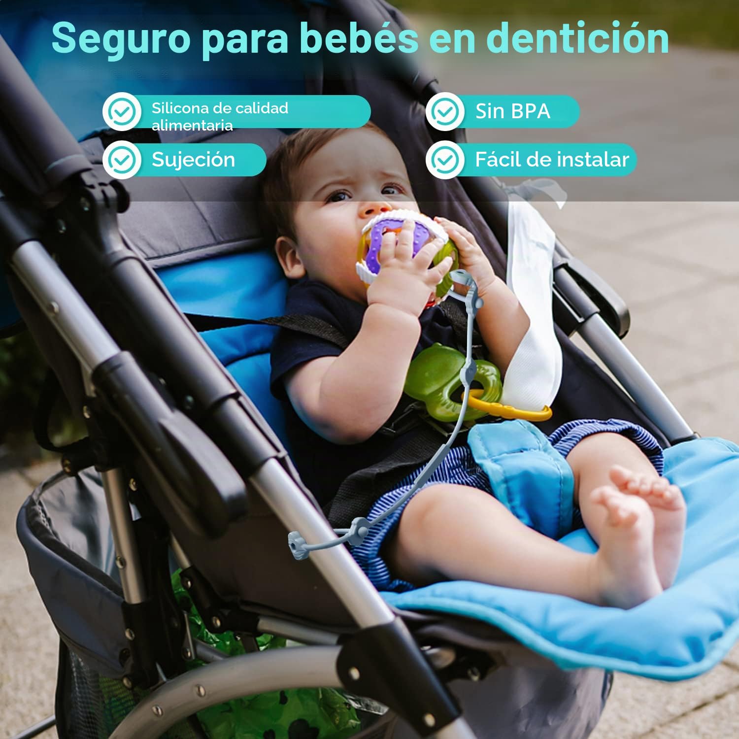 Juego de 4 cinturones de seguridad para juguetes, silicona Pacifier Chain, taza de aperitivo de Correas, taza de bebida, para cochecito, silla alta, cuna, niños y niñas de 3 meses