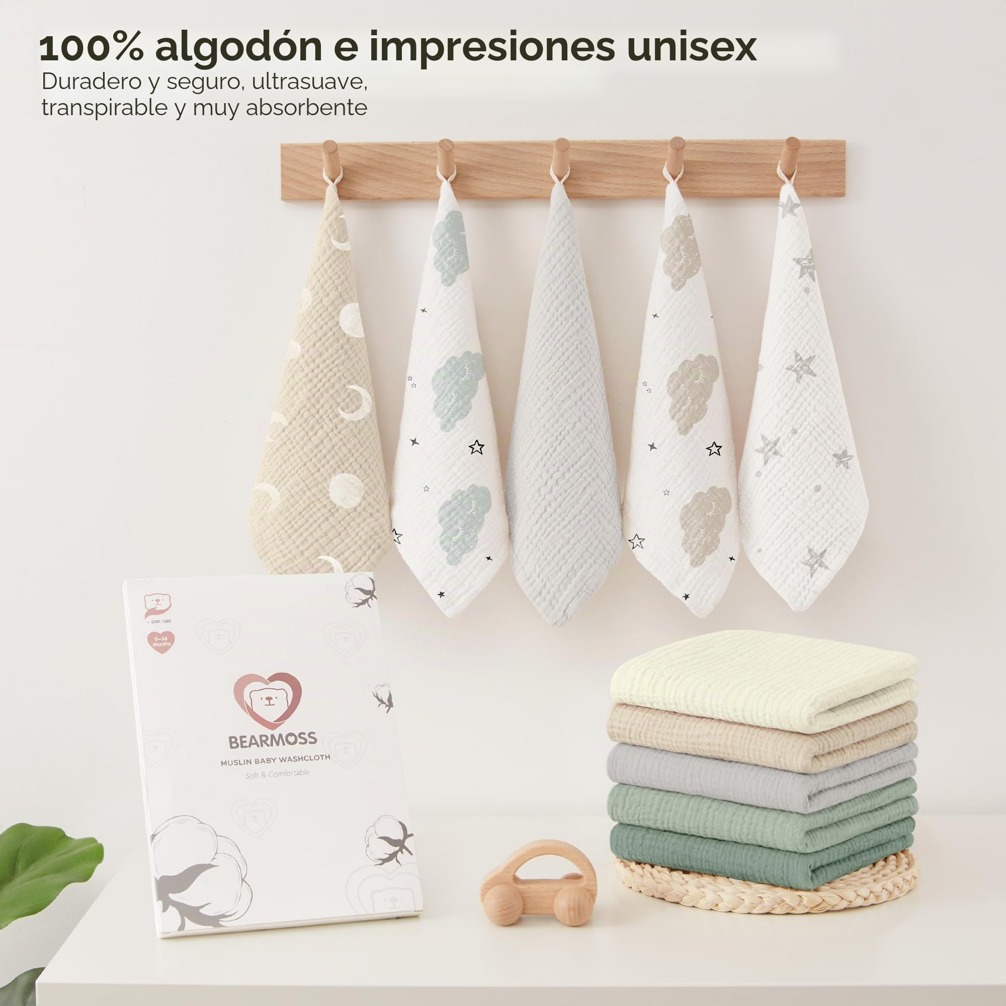 Bearmoss Muselinas Bebe 25x25cm,10 Piezas 100% Algodón Super Suave Transpirable y Extremadamente Absorbente Gasas para Bebes, Muselinas de Algodón para Recién Nacidos Bebés (Gris Verdoso)