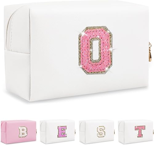 Miniatura 10 de Biileen Bolsa de maquillaje preppy inicial personalizada Pequeña bolsa de carta de chenilla de viaje linda, Letra rosa brillanteblanca