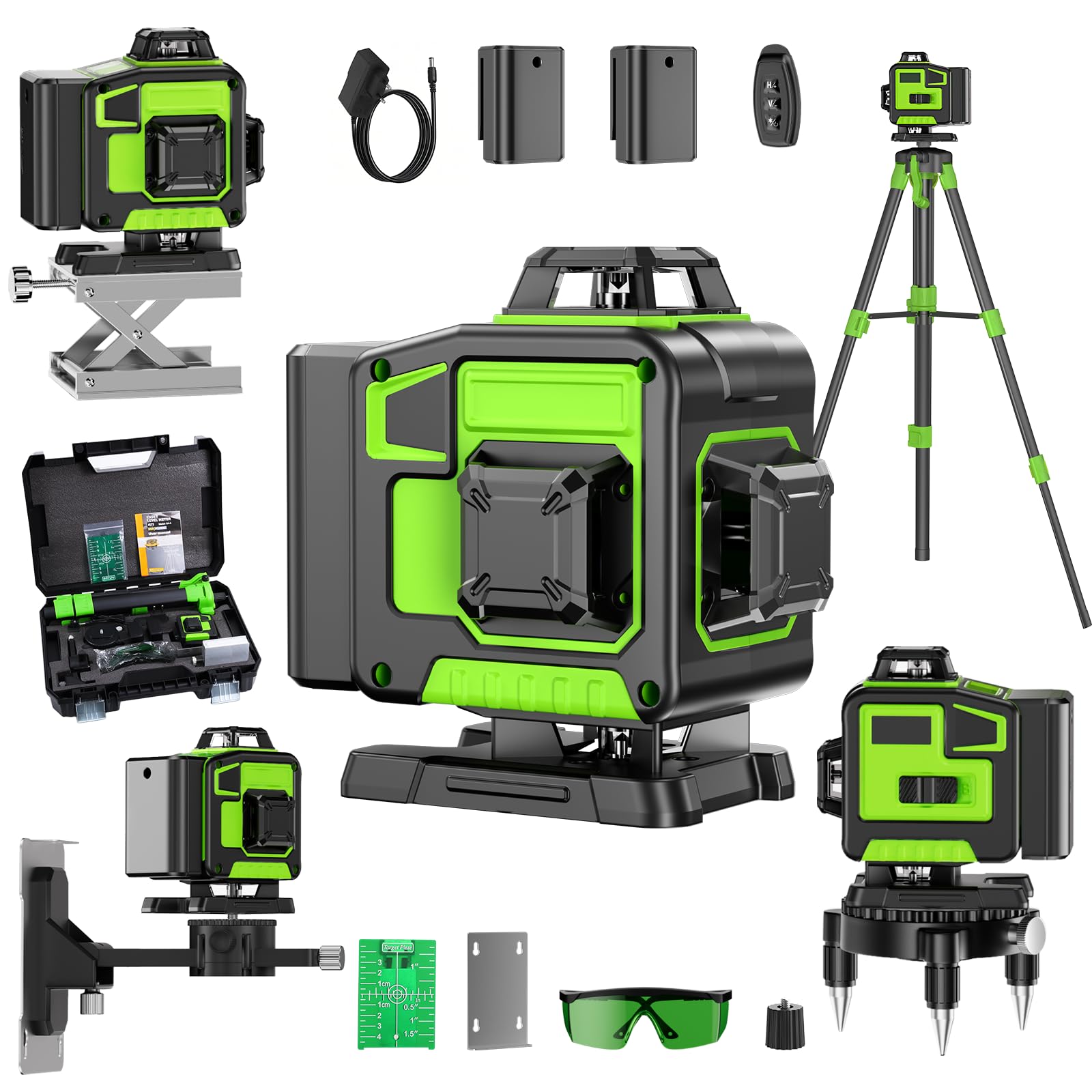 Niveau Laser Chantier Autonivelant 360° x 4, Lazer Niveaux 4D 16 Lignes Laser, Mode Impulsion ExtéRieur, 2 x Batterie, Nivellement Automatique, Support Rotatif, Télécommande(Avec trépied)