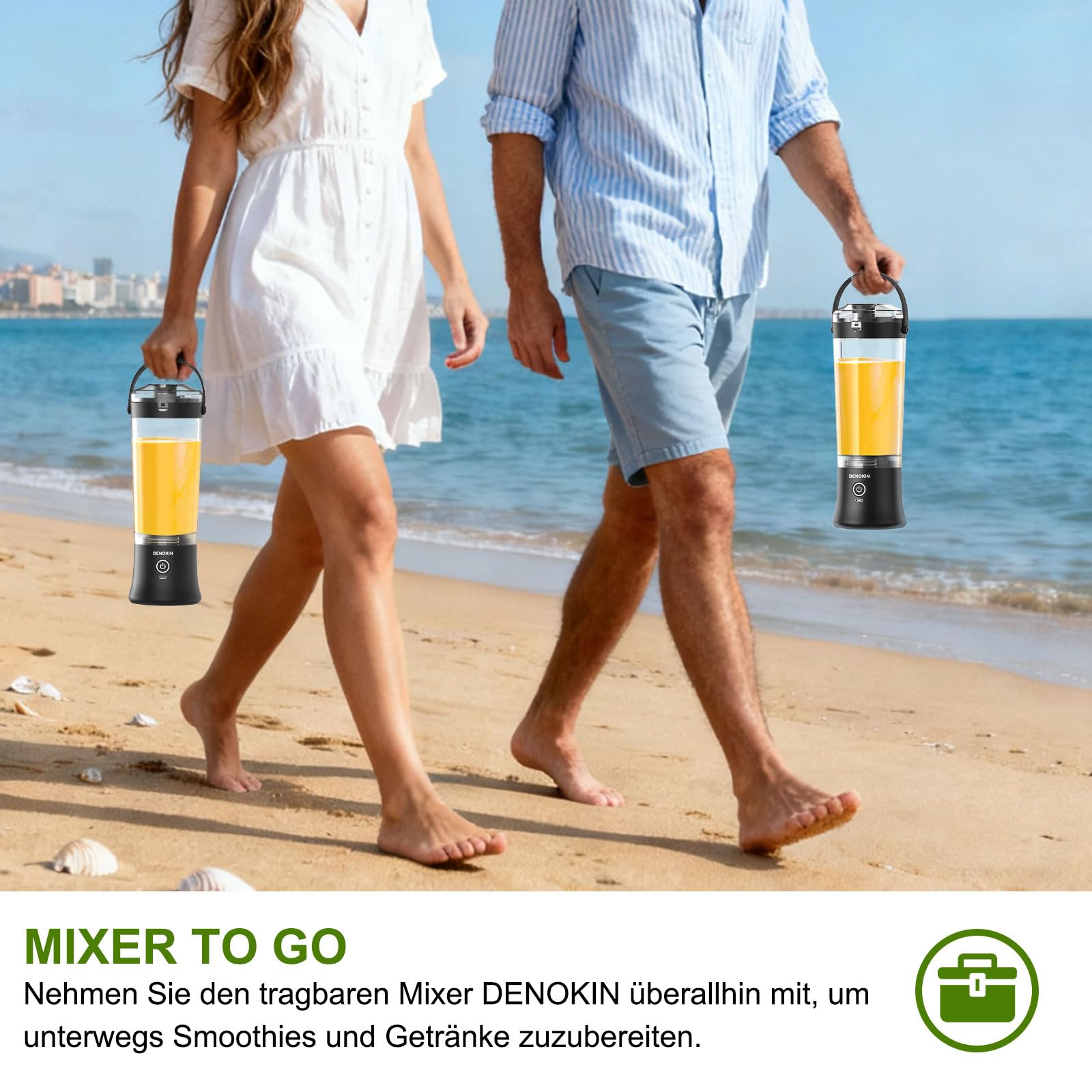 DENOKIN Tragbarer Mixer mit Trinkdeckel, 500ml, Mini Standmixer für Unterwegs, Wiederaufladbar mit USB-C, Kabellos Smoothie Maker to Go für Smoothies, Shakes, Schwarz