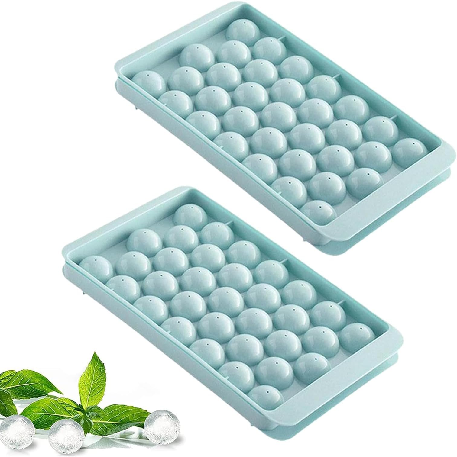 Round Ice Cube Tray Moulds with Lid – 2 Pcs Reusable Sphere Ice Cube Moulds – Ice Ball Maker for Freezer Water Whiskey Cocktail Beverage, Blue