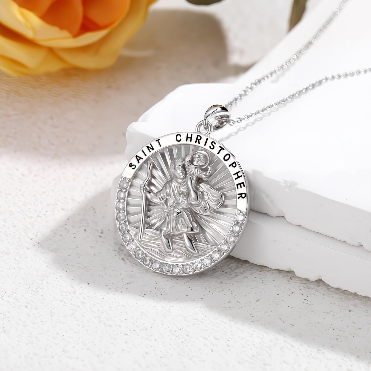 Sterling Silver Lab Created Diamond St. Christopher Necklace for Her S925 Silver Saint Christopher Medal Necklace for Women Ladies Mothers Day Birthday Anniversary, 18+2 inch
