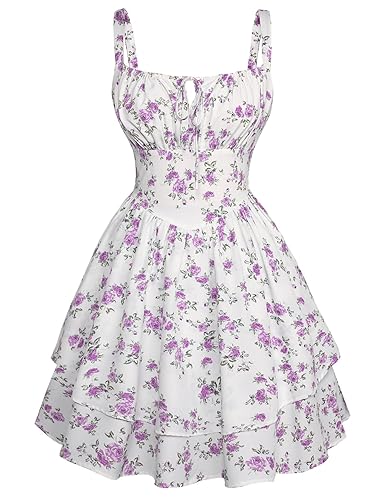 SCARLET DARKNESS Floral Corset Dress for Women Ruffle Mini Dress Summer Sundress - White Purple Floral - X-Large