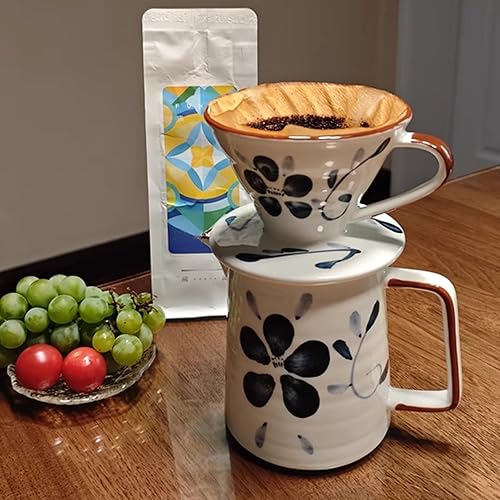 Miniatura 5 de Juego de cafetera de cerámica, gotero de cerámica de 60 ángulos con un solo agujero, cafetera y 100 filtros de papel para el hogar, viajes,