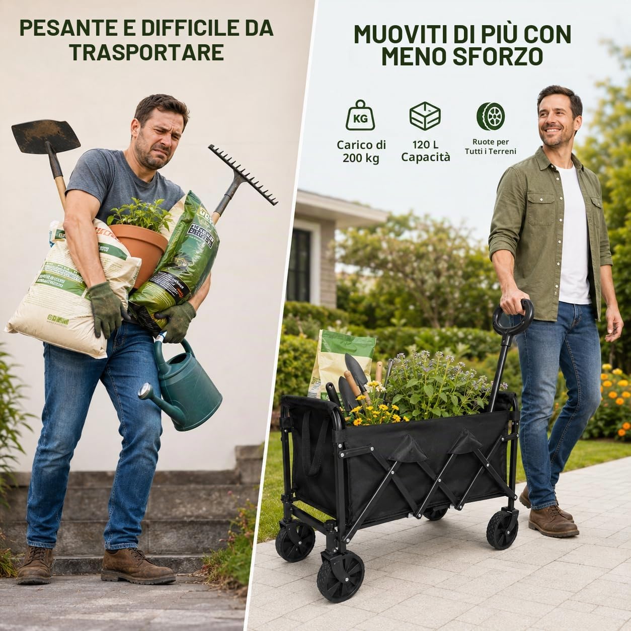 Carrello pieghevole con ruote – Carrello pieghevole fino a 200 kg – Leggero, compatto e adatto a terreni per spiaggia, campeggio e shopping | VOZIPRO